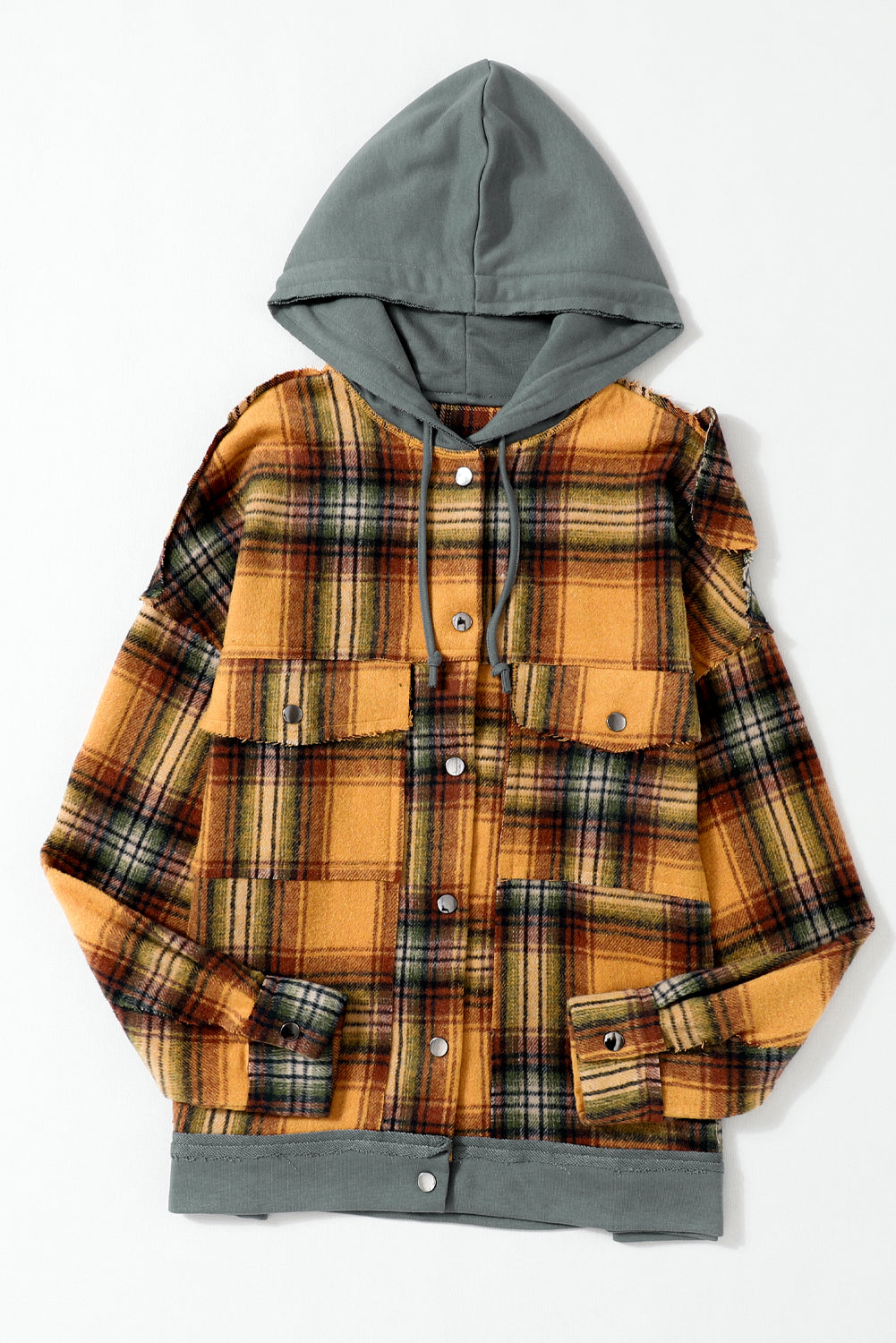 Orange Plaid Patch Hooded Frayed Snap Button Jacket - Premium Outerwear from Momma Done Gone Crafty- Just $52.62! Shop now at Momma Done Gone Crafty
