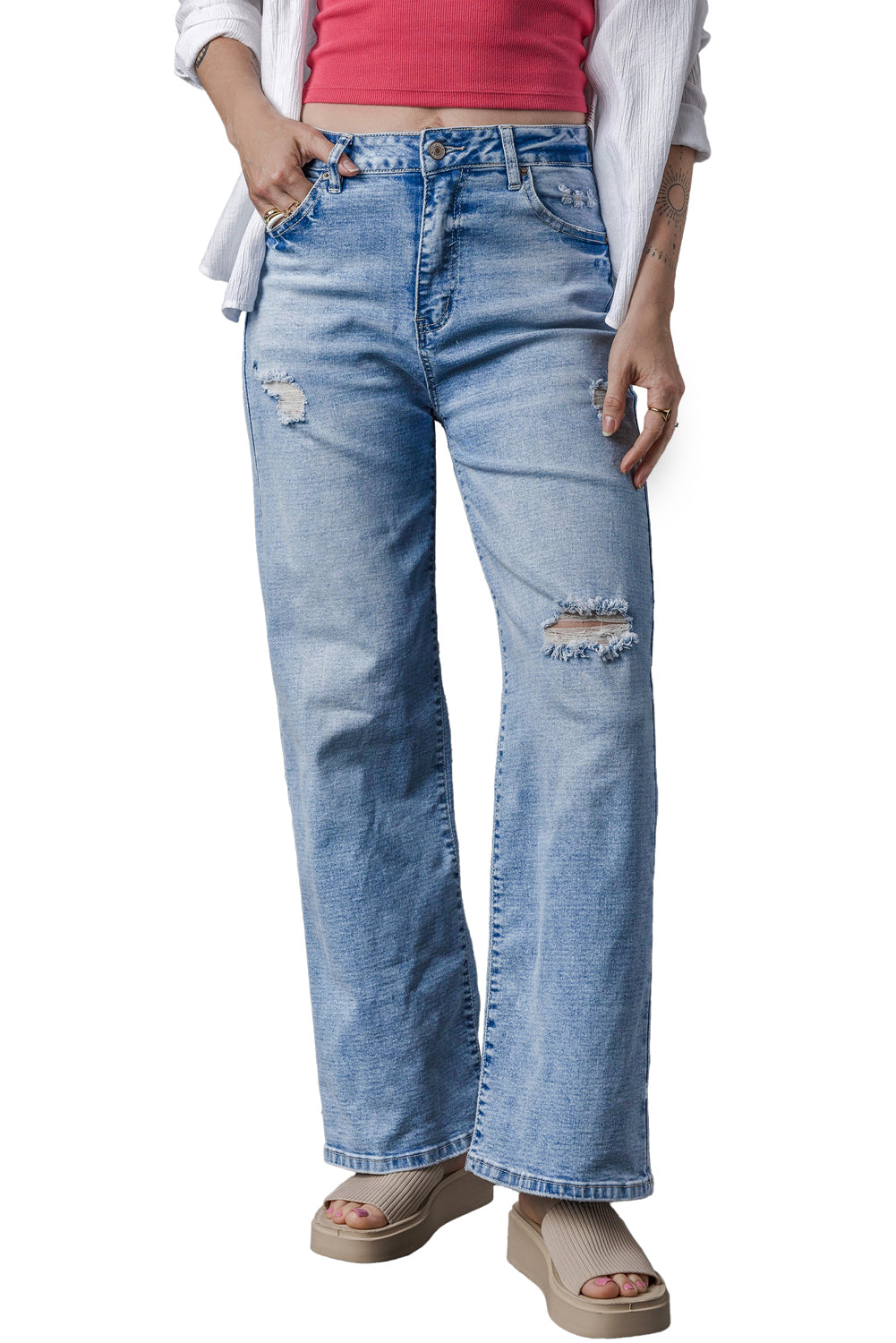 Light Blue High Rise Distressed Straight Leg Jeans - Premium Bottoms/Jeans from Ashes 2 Wildflowers Boutique, LLC- Just $37.14! Shop now at Ashes 2 Wildflowers Boutique, LLC