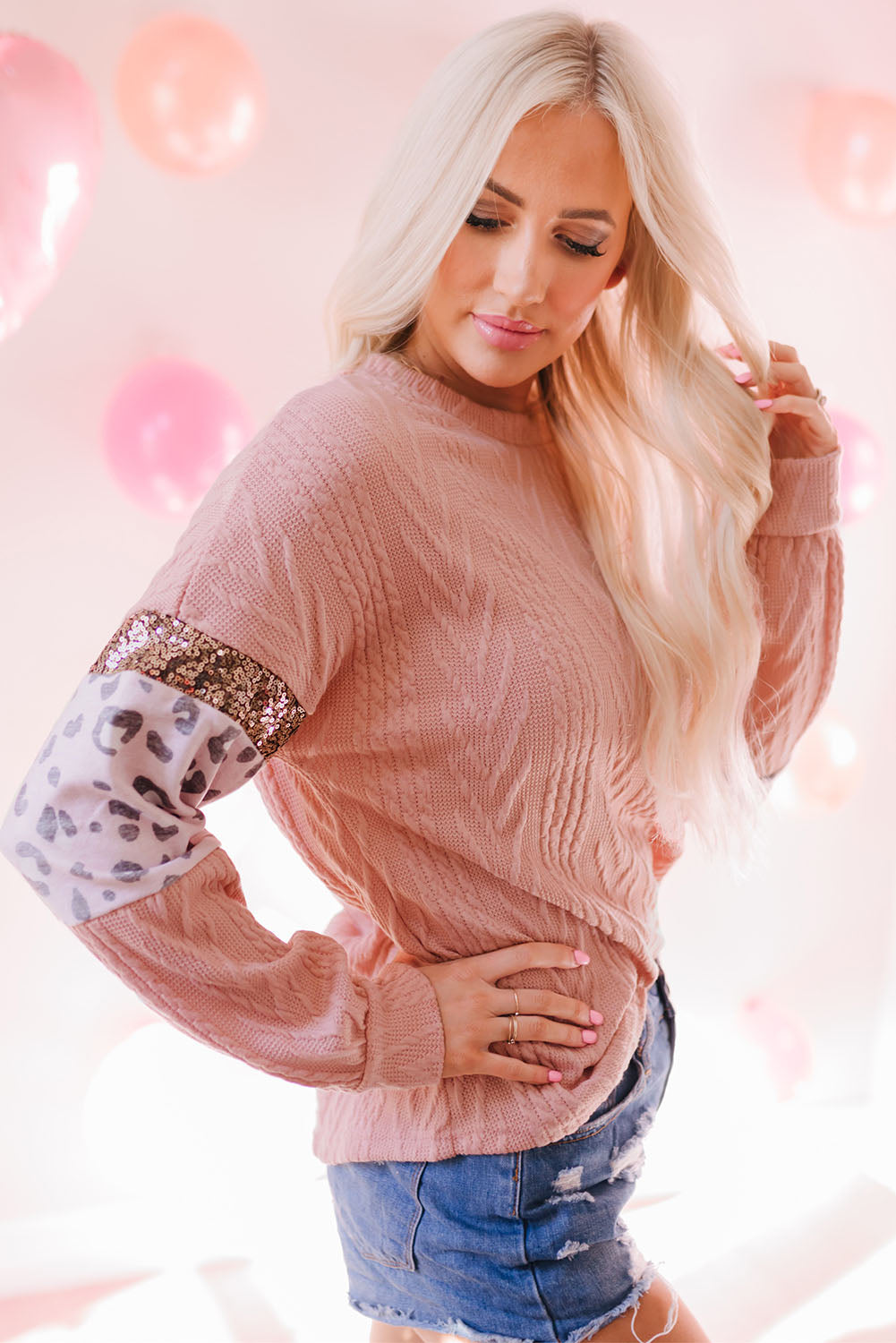 Pink Leopard Sequin Splicing Sleeves Textured Knit Top - Premium Tops from Momma Done Gone Crafty- Just $36.90! Shop now at Momma Done Gone Crafty