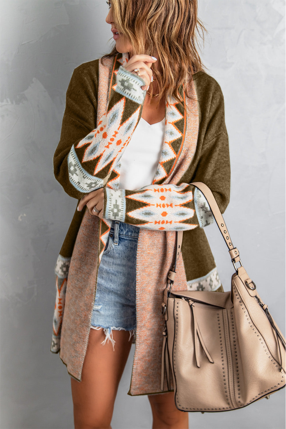 Brown Aztec Print Open Front Knitted Cardigan - Premium Sweaters & Cardigans/Cardigans from Ashes 2 Wildflowers Boutique, LLC- Just $40.97! Shop now at Ashes 2 Wildflowers Boutique, LLC