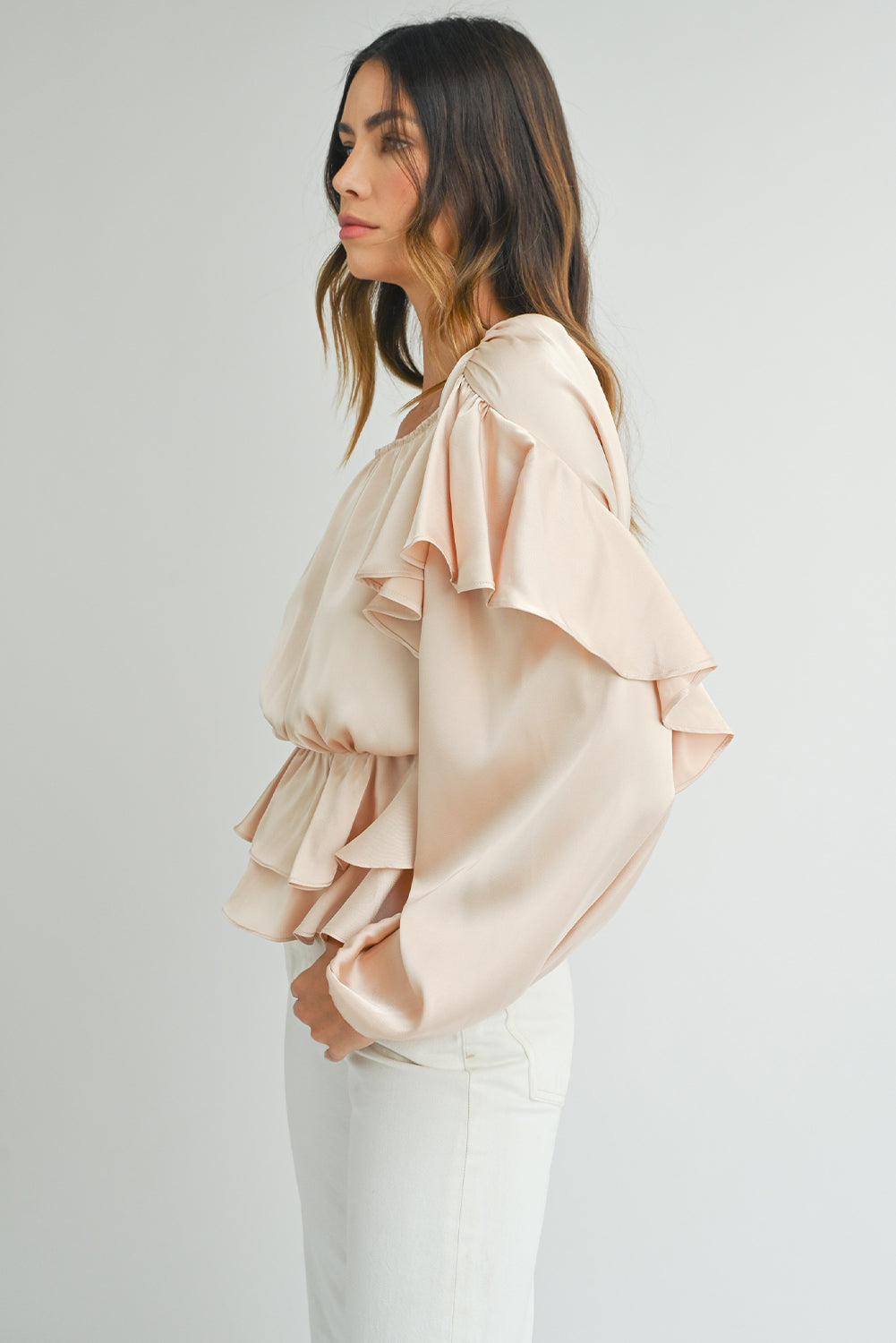 Oatmeal Lace-up Keyhole Back Ruffled Peplum Blouse - Premium Tops/Blouses & Shirts from Ashes 2 Wildflowers Boutique, LLC- Just $33.80! Shop now at Ashes 2 Wildflowers Boutique, LLC