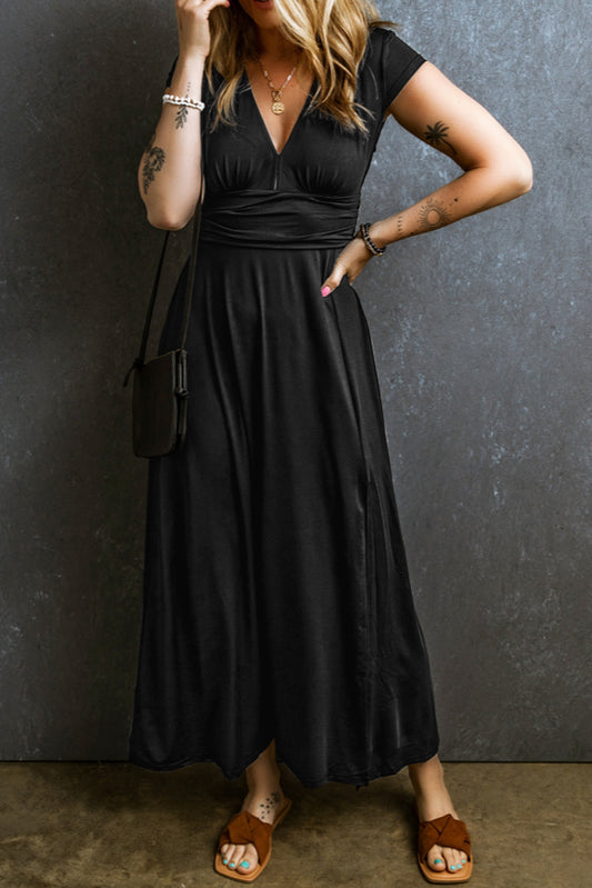 Black Short Sleeve Shirred High Waist V Neck Maxi Dress - Premium Dresses/Maxi Dresses from Momma Done Gone Crafty- Just $26.55! Shop now at Momma Done Gone Crafty