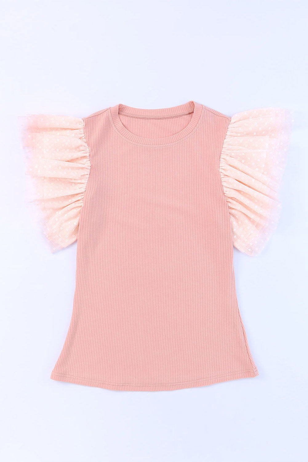 Pink Dotty Mesh Ruffle Sleeve Ribbed Knit Top - Premium Tops from Ashes 2 Wildflowers Boutique, LLC- Just $38.99! Shop now at Ashes 2 Wildflowers Boutique, LLC
