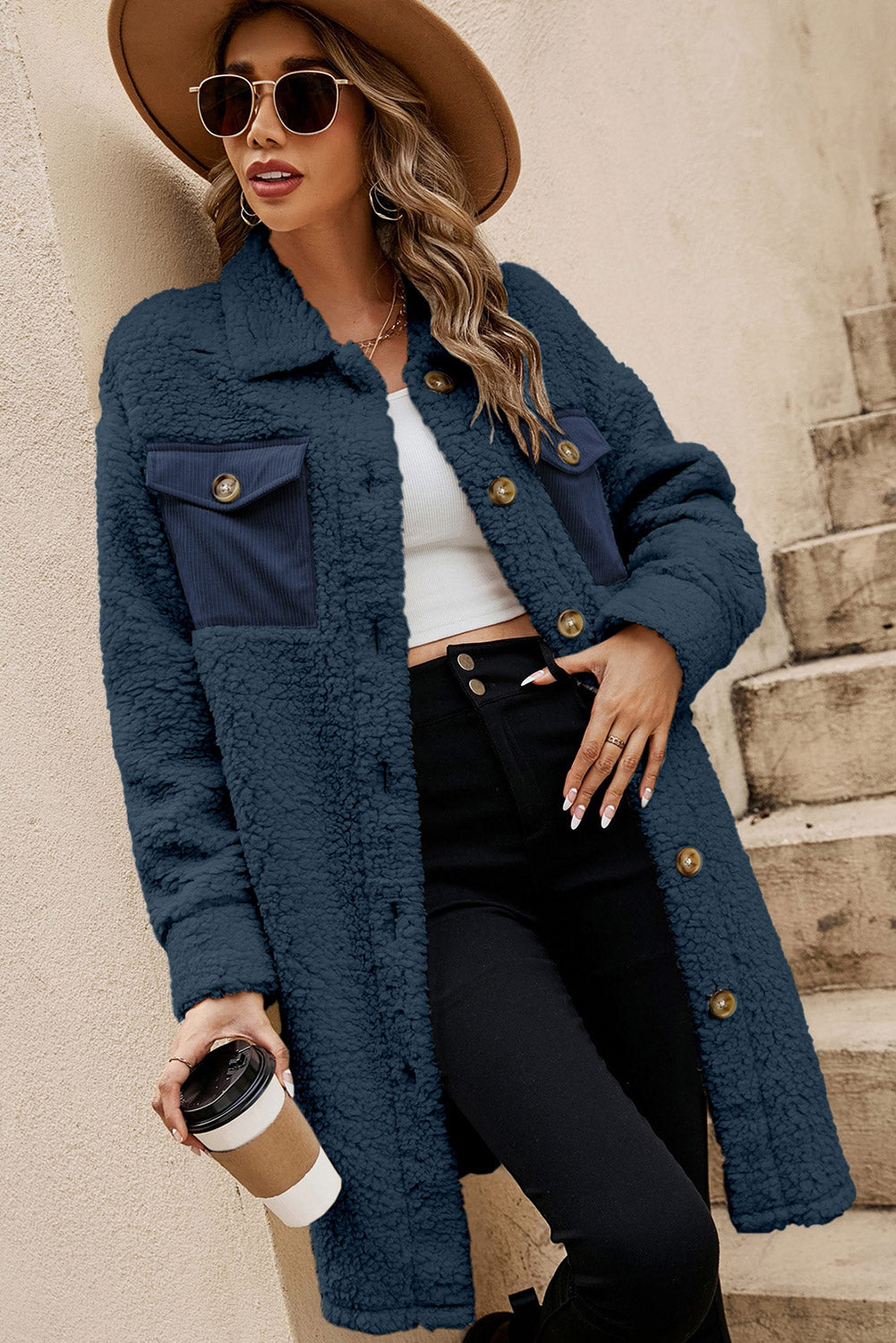 Blue Contrast Flap Pocket Single Breasted Teddy Coat - Premium Outerwear/Coats from Momma Done Gone Crafty- Just $45.99! Shop now at Momma Done Gone Crafty