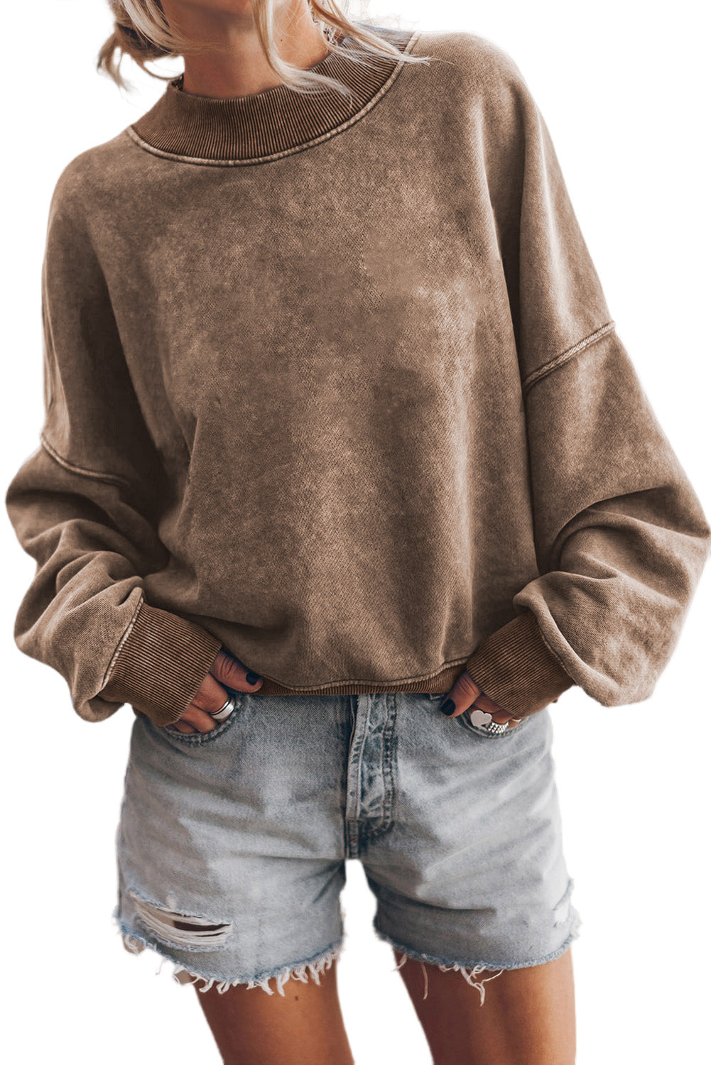 Brown Drop Shoulder Crew Neck Pullover Sweatshirt - Premium Tops from Momma Done Gone Crafty- Just $53.94! Shop now at Momma Done Gone Crafty