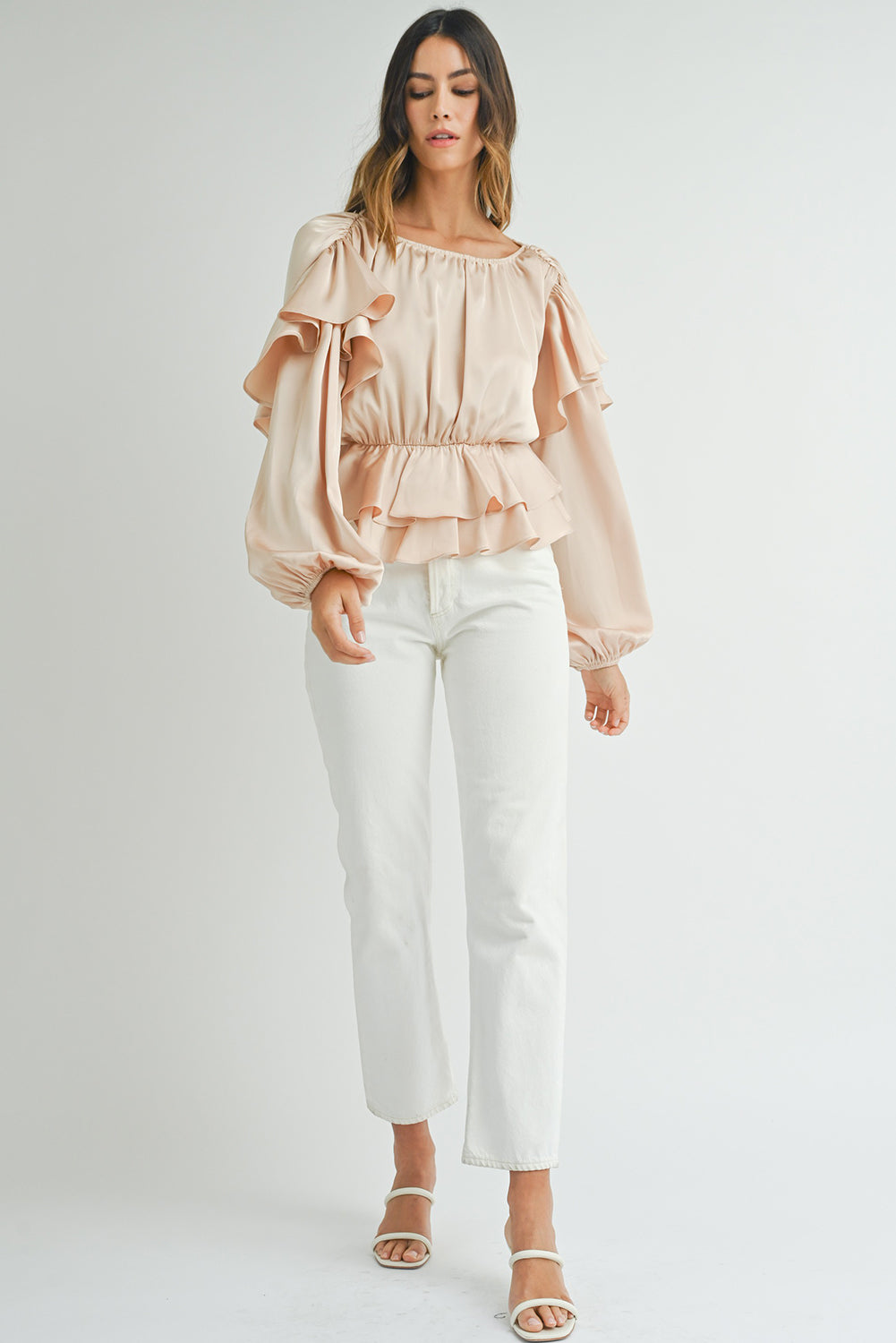 Oatmeal Lace-up Keyhole Back Ruffled Peplum Blouse - Premium Tops/Blouses & Shirts from Ashes 2 Wildflowers Boutique, LLC- Just $33.80! Shop now at Ashes 2 Wildflowers Boutique, LLC