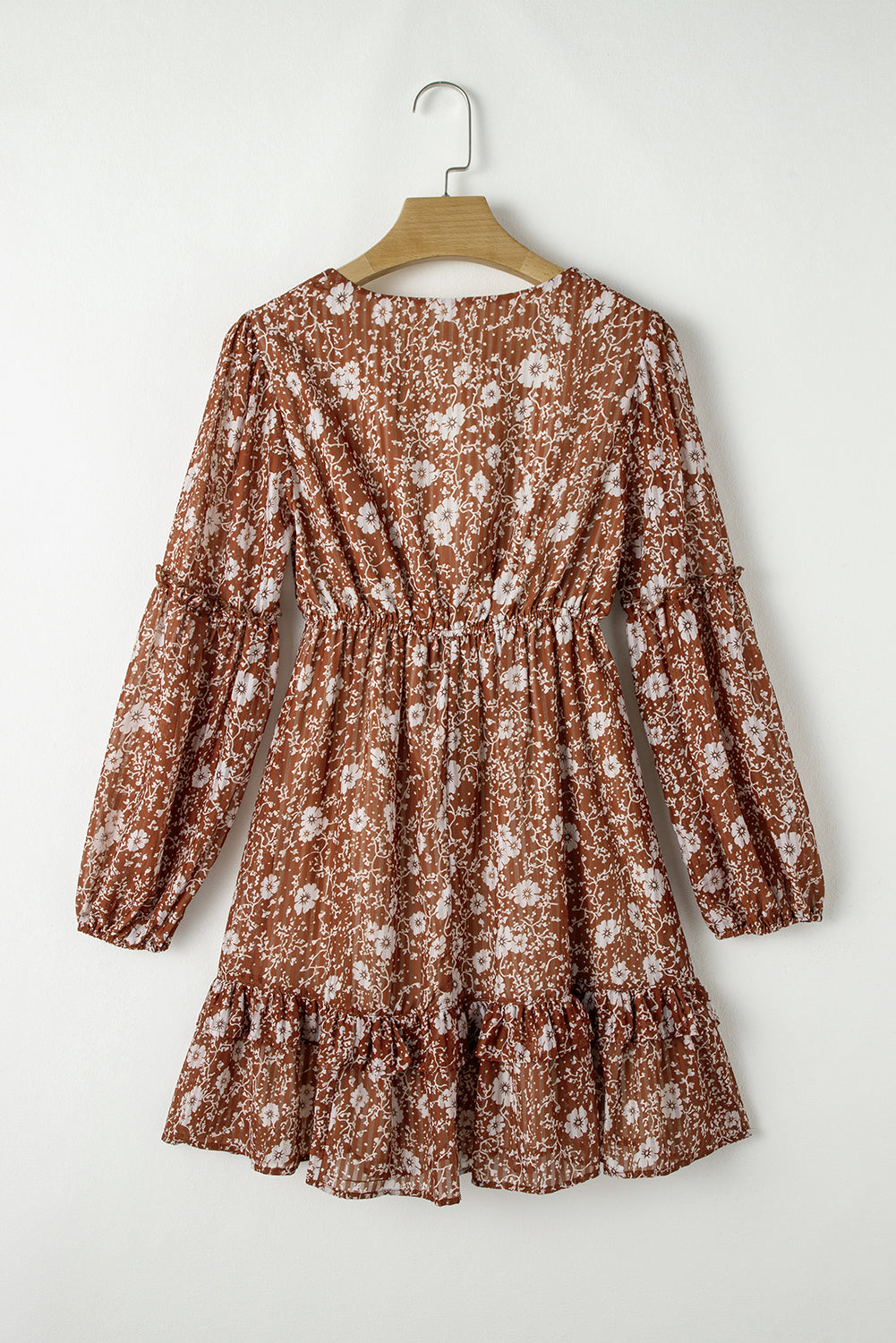 Brown Boho Floral Ruffled Puff Sleeve V Neck Mini Dress - Premium Dresses/Floral Dresses from Momma Done Gone Crafty- Just $35.10! Shop now at Momma Done Gone Crafty