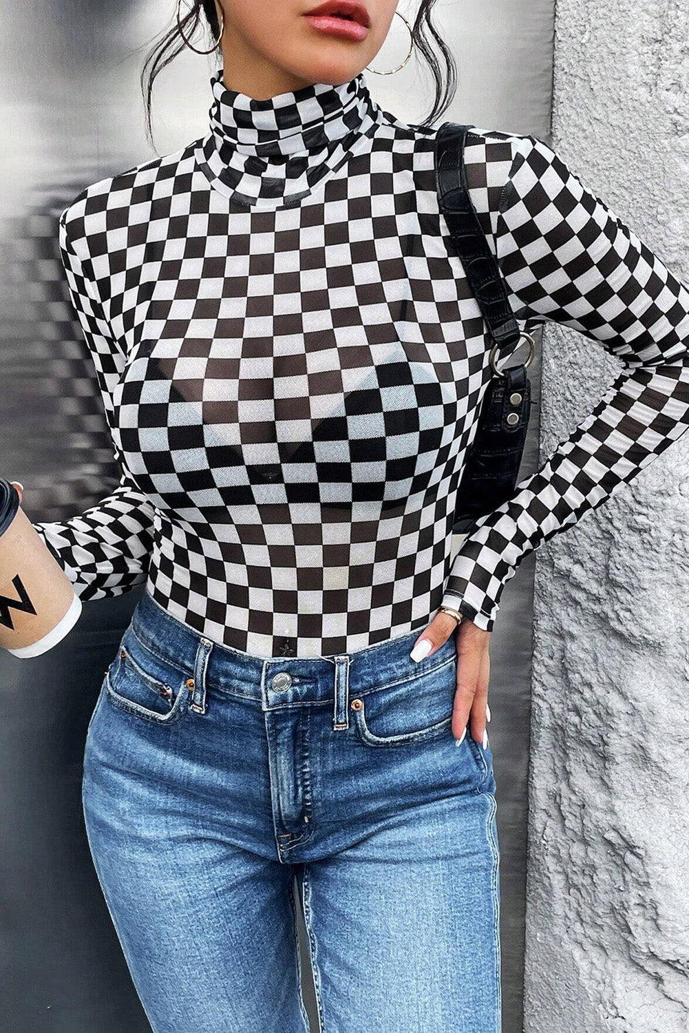 Black Checkered Printed Long Sleeve High Neck Bodysuit - Premium Tops/Bodysuits from Momma Done Gone Crafty- Just $11.70! Shop now at Momma Done Gone Crafty