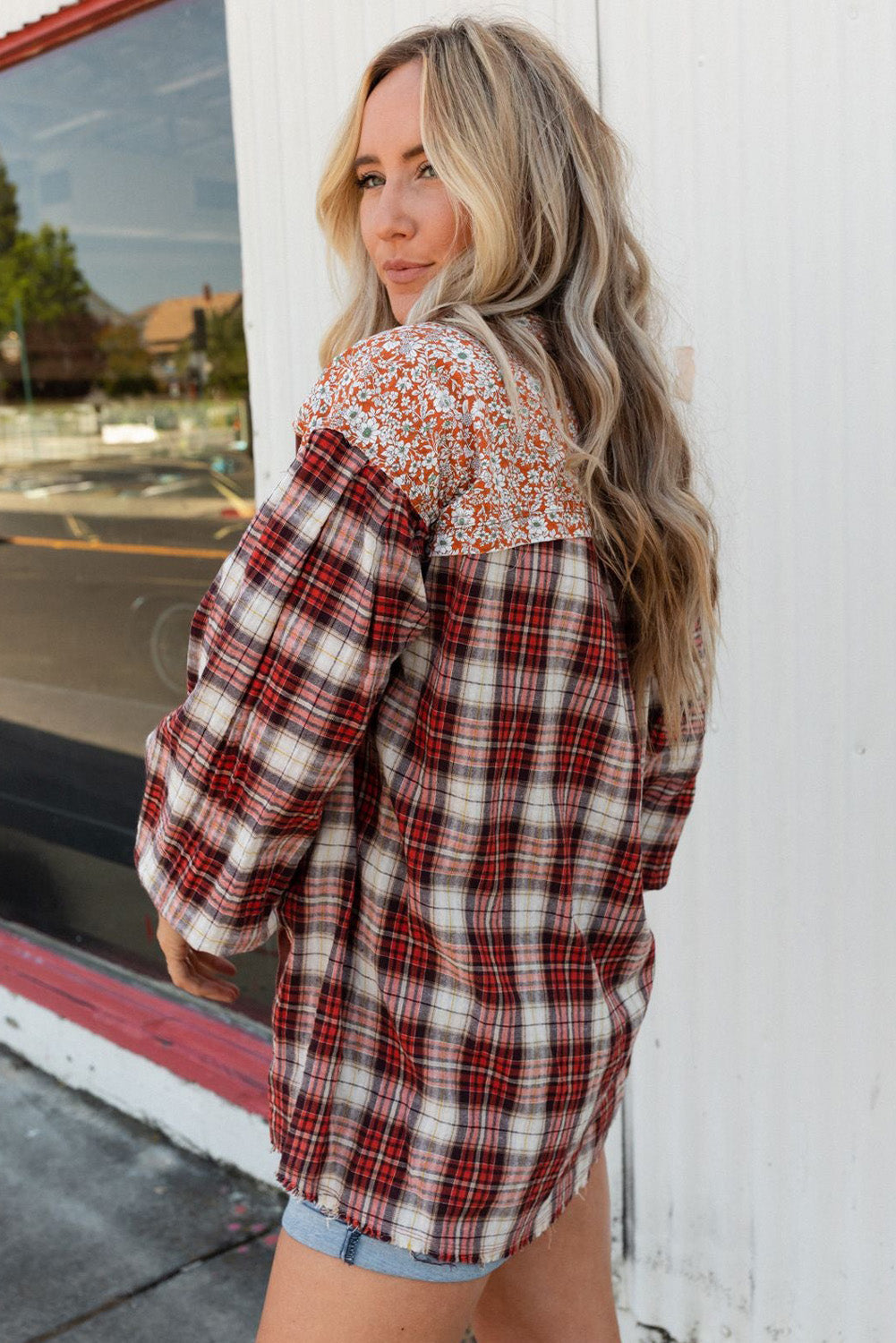 Red Floral Plaid Mixed Print Bishop Sleeve Patchwork Top - Premium Tops from Momma Done Gone Crafty- Just $61.11! Shop now at Momma Done Gone Crafty