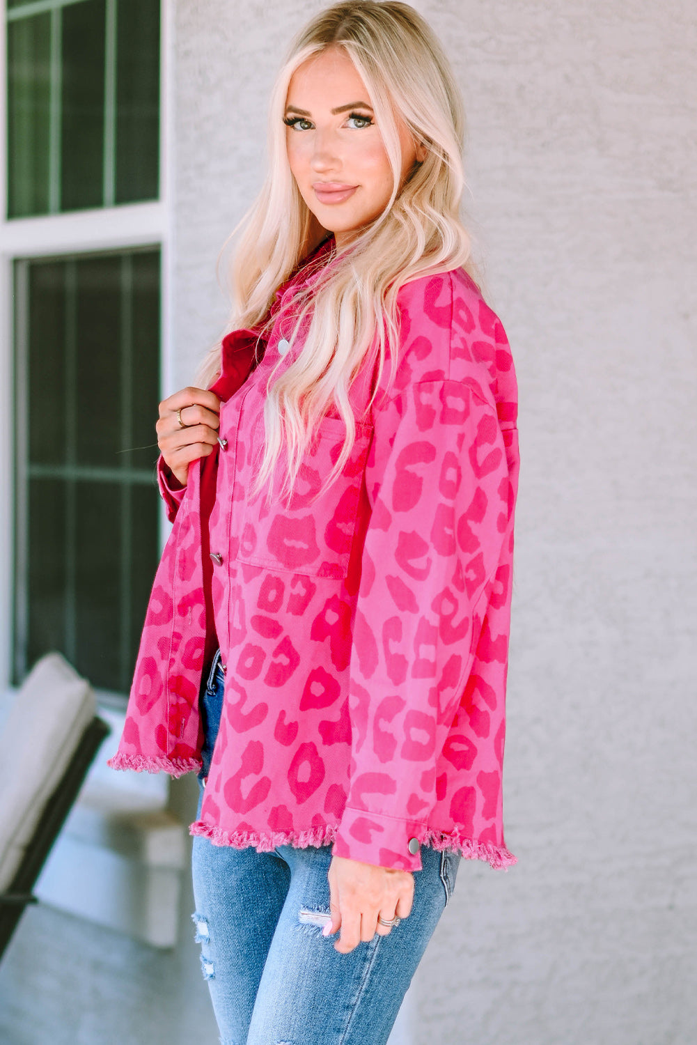 Pink Leopard Print Button Cuffs Raw Hem Jacket - Premium Outerwear from Momma Done Gone Crafty- Just $55.80! Shop now at Momma Done Gone Crafty
