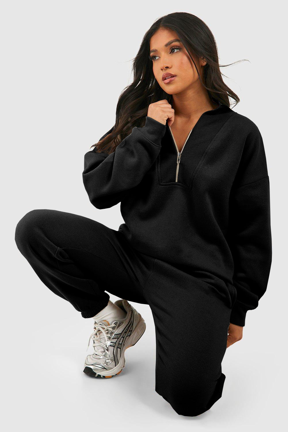 Black Plain Half Zip V Neck Ribbed Edge Loose Tracksuit - Premium Activewear/Activewear Sets from Ashes 2 Wildflowers Boutique, LLC- Just $47.70! Shop now at Ashes 2 Wildflowers Boutique, LLC