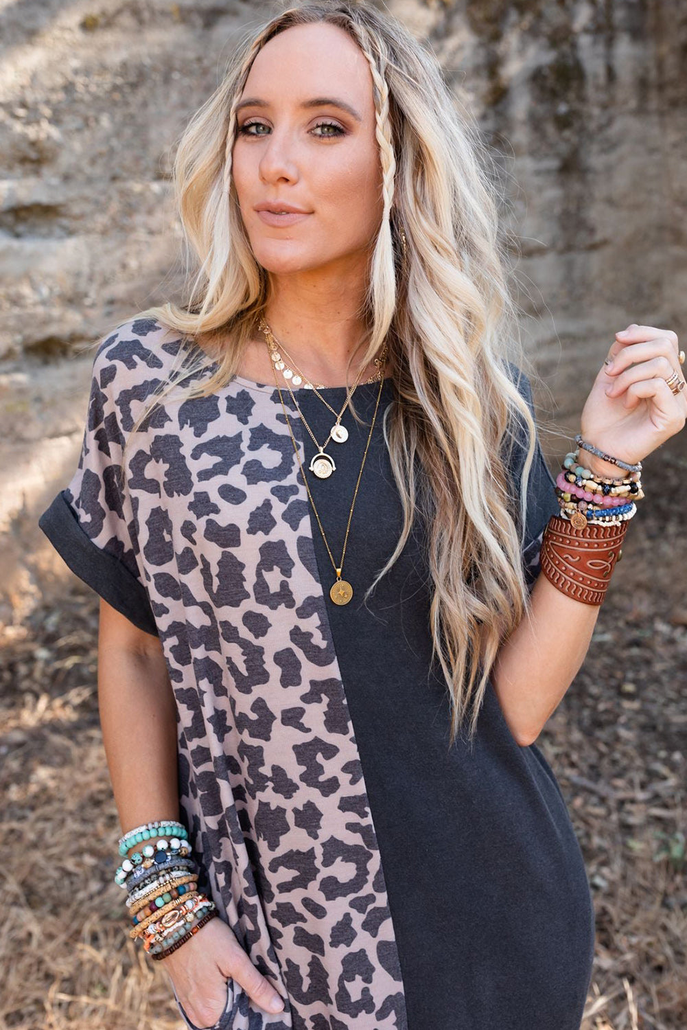 Black Contrast Solid Leopard Short Sleeve T-shirt Dress with Slits - Premium Dresses from Momma Done Gone Crafty- Just $24! Shop now at Momma Done Gone Crafty