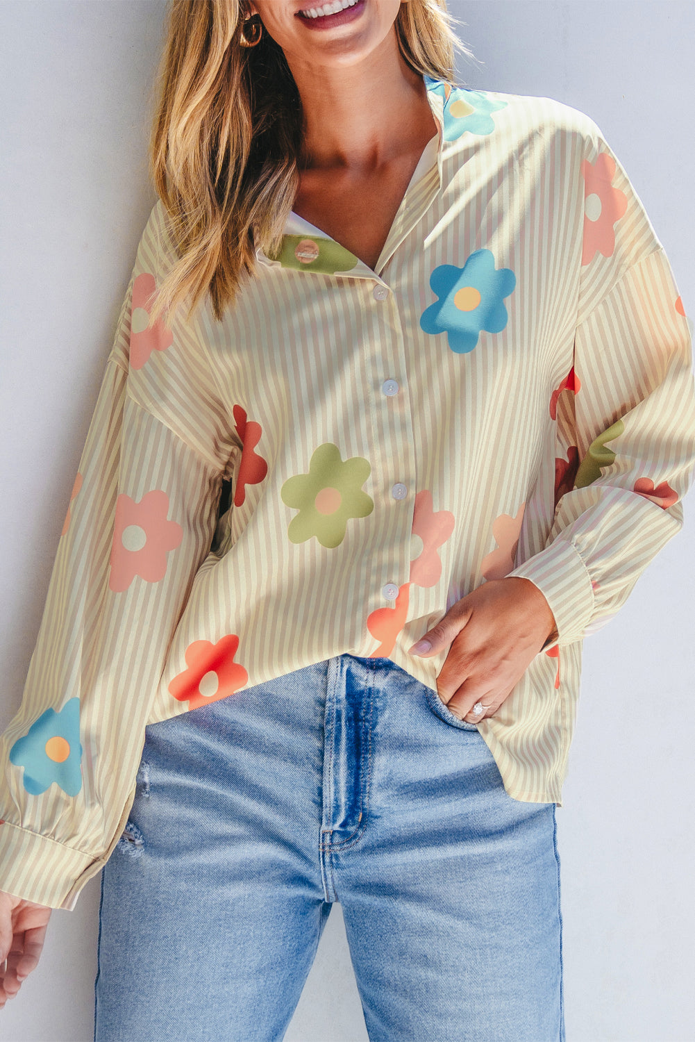 Apricot Stripe Flower Print Collared Button-up Loose Fit Shirt - Premium Sale (50% OFF)/30% OFF from Ashes 2 Wildflowers Boutique, LLC- Just $20.29! Shop now at Ashes 2 Wildflowers Boutique, LLC