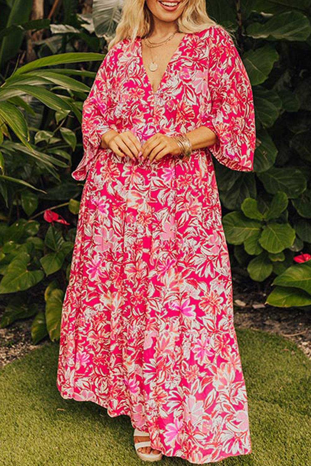 Rose Plus Size Floral V Neck Wide Sleeve Maxi Dress - Premium Plus Size/Plus Size Dresses/Plus Size Maxi Dresses from Ashes 2 Wildflowers Boutique, LLC- Just $52.99! Shop now at Ashes 2 Wildflowers Boutique, LLC