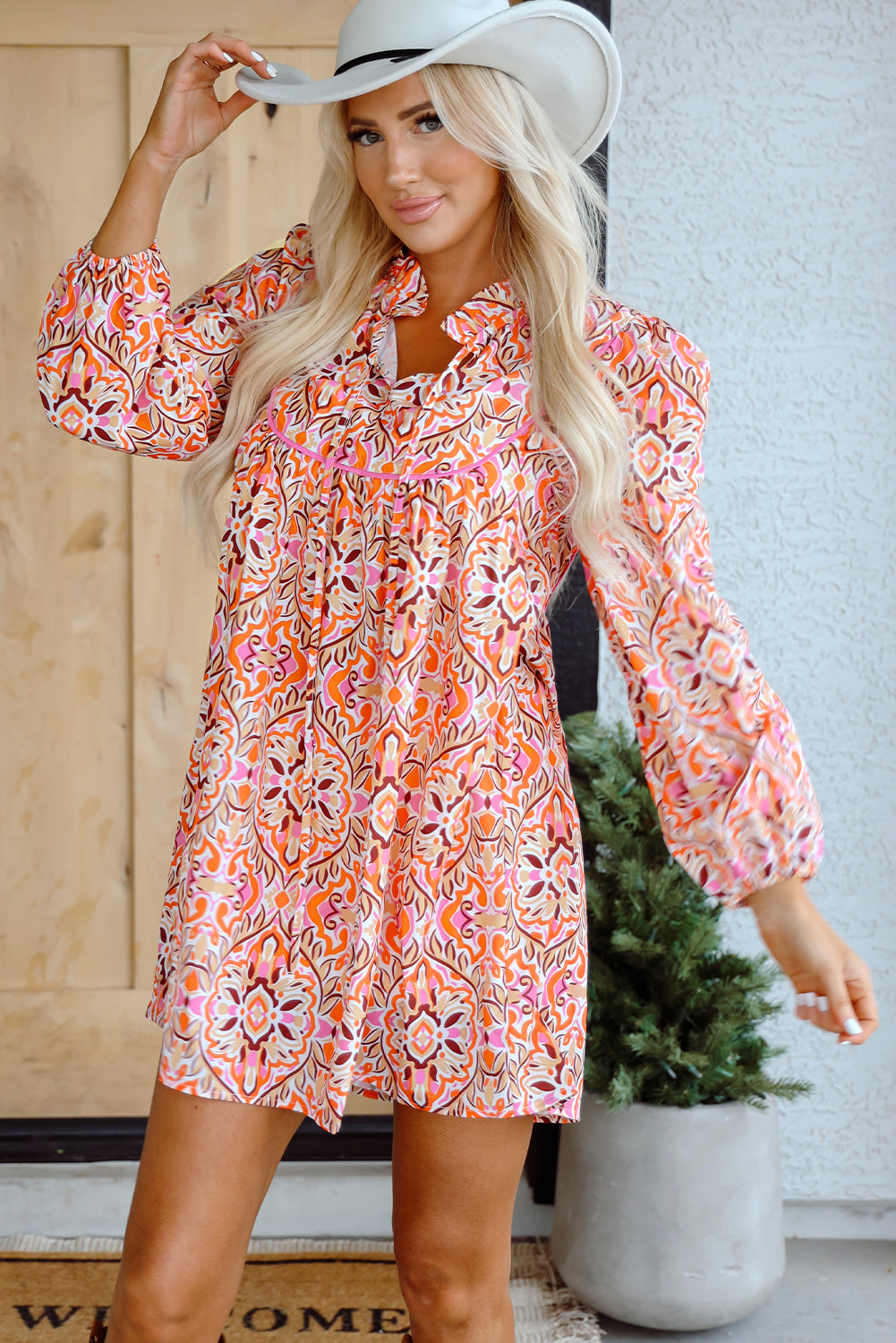 Khaki Abstract Printed Long Sleeve Tied Neckline Mini Dress - Premium Dresses/Mini Dresses from Ashes 2 Wildflowers Boutique, LLC- Just $31.55! Shop now at Ashes 2 Wildflowers Boutique, LLC