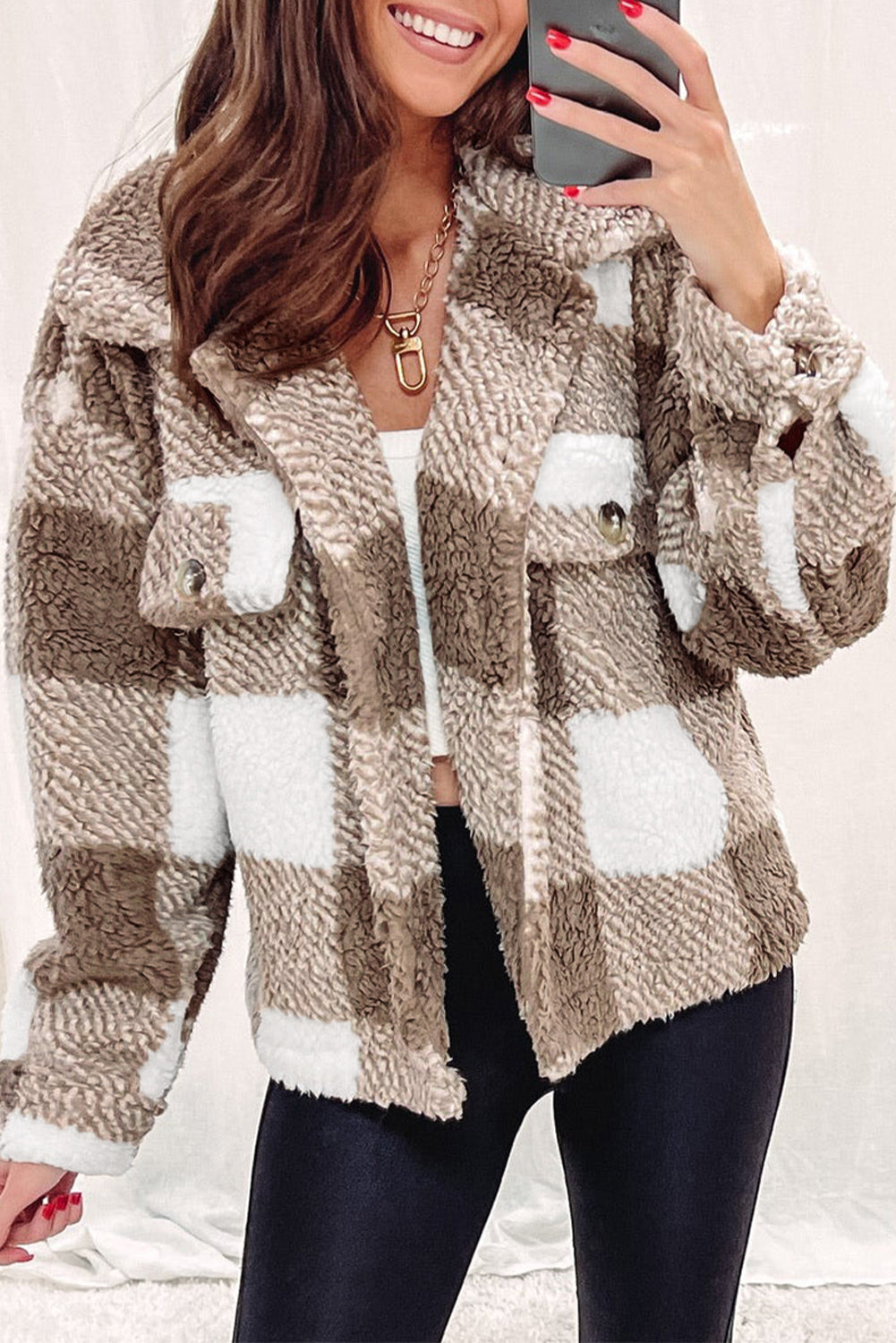 Khaki Plaid Sherpa Buttoned Flap Pocket Shacket - Premium Outerwear from Momma Done Gone Crafty- Just $48.99! Shop now at Momma Done Gone Crafty
