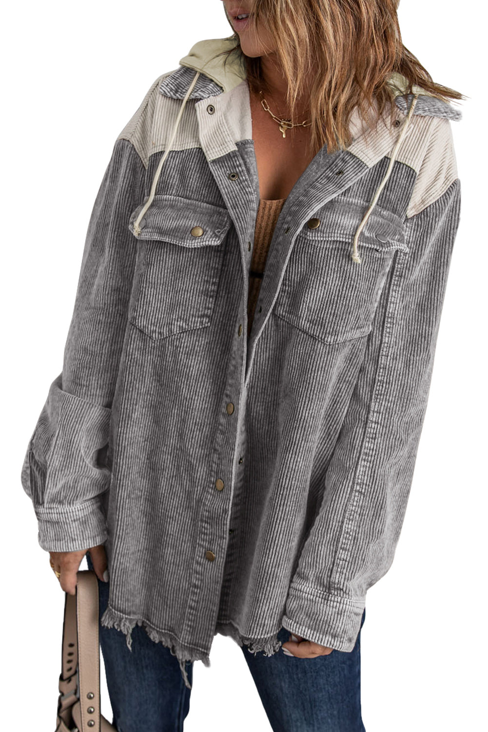 Gray Color Block Button Down Hooded Corduroy Jacket - Premium Outerwear from Momma Done Gone Crafty- Just $68.94! Shop now at Momma Done Gone Crafty
