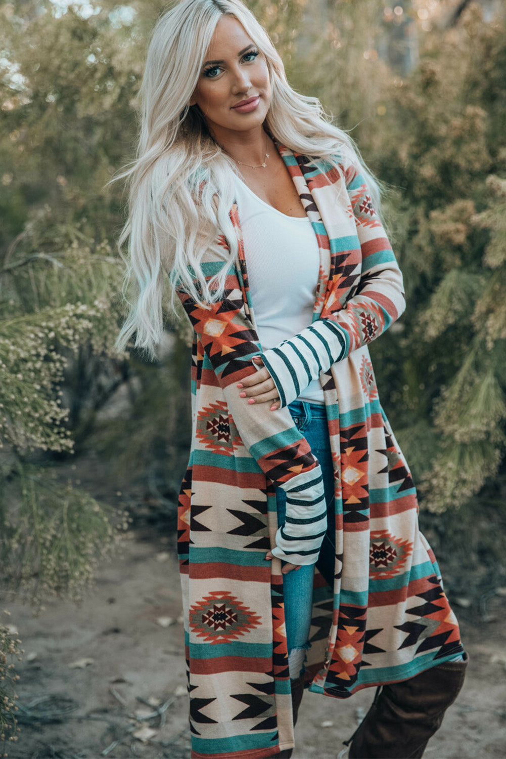 Multicolor Geometric Color Block Open Front Long Cardigan - Premium Tops from Momma Done Gone Crafty- Just $32.94! Shop now at Momma Done Gone Crafty