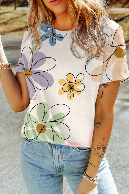 Beige Summer Flower Print Casual Round Neck T Shirt - Premium Tops/Tops & Tees from Ashes 2 Wildflowers Boutique, LLC- Just $25.22! Shop now at Ashes 2 Wildflowers Boutique, LLC