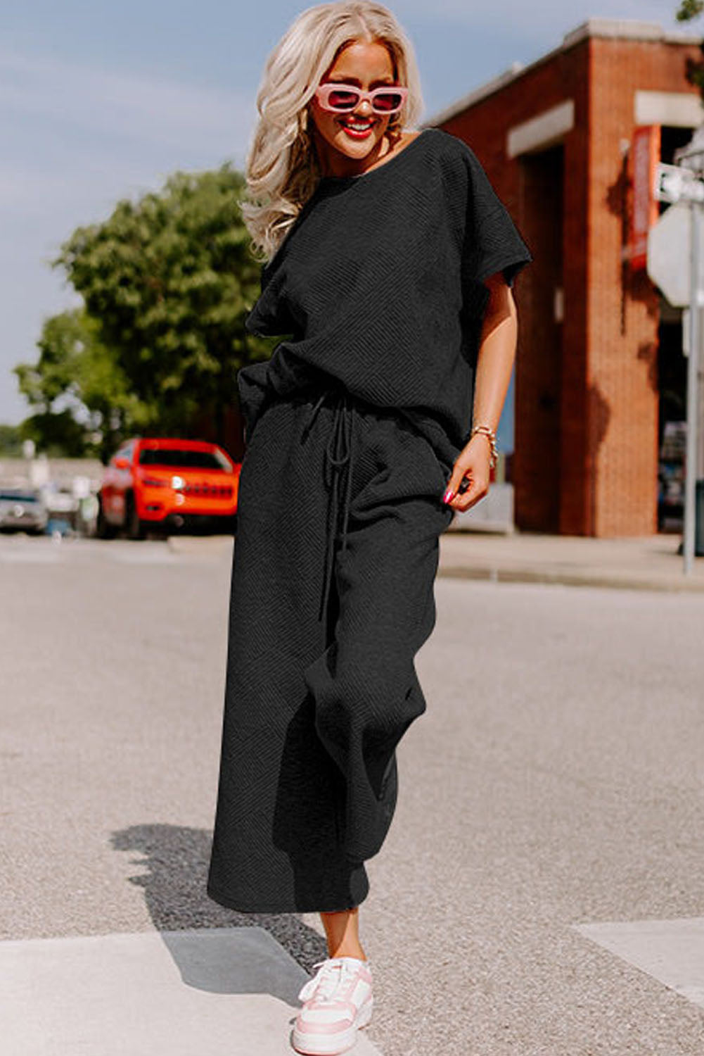 Black Textured Loose Fit T Shirt and Drawstring Pants Set - Premium Loungewear from Momma Done Gone Crafty- Just $58.99! Shop now at Momma Done Gone Crafty