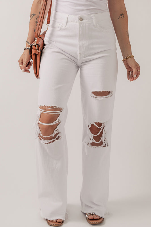 Bright White Heavy Distressed Straight Leg Jeans - Premium Bottoms/Jeans from Ashes 2 Wildflowers Boutique, LLC- Just $35.43! Shop now at Ashes 2 Wildflowers Boutique, LLC