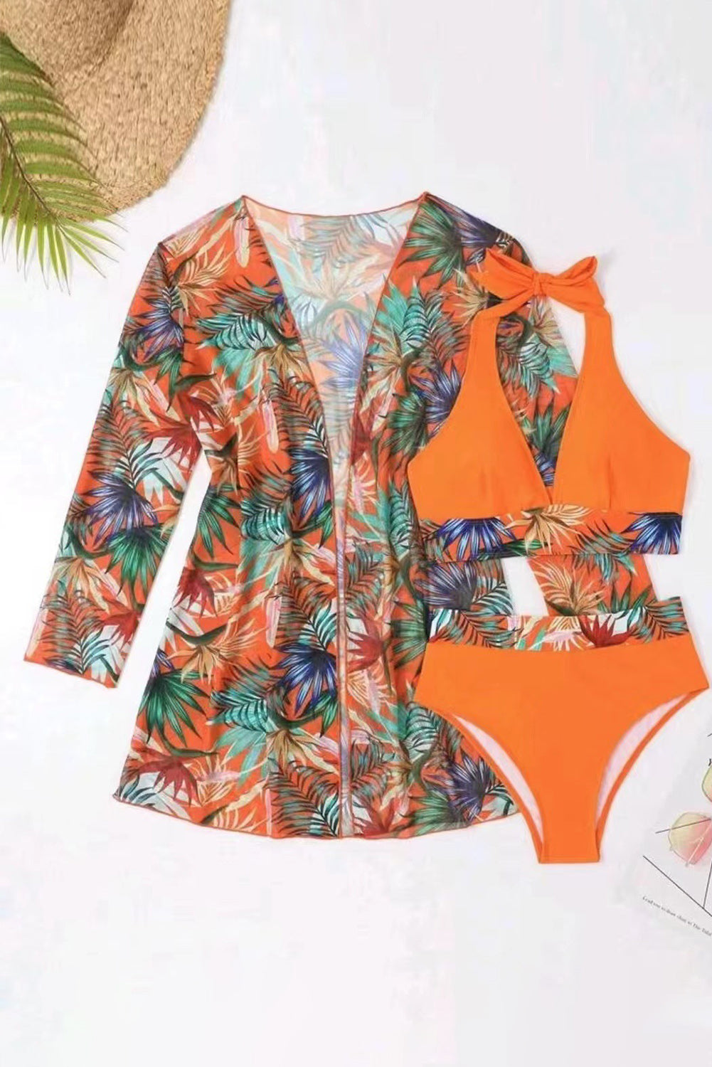 Carrot 3pcs Tropical Contrast Trim Halter Bikini Set with Cover up - Premium Swimwear/Bikinis from Ashes 2 Wildflowers Boutique, LLC- Just $25.86! Shop now at Ashes 2 Wildflowers Boutique, LLC
