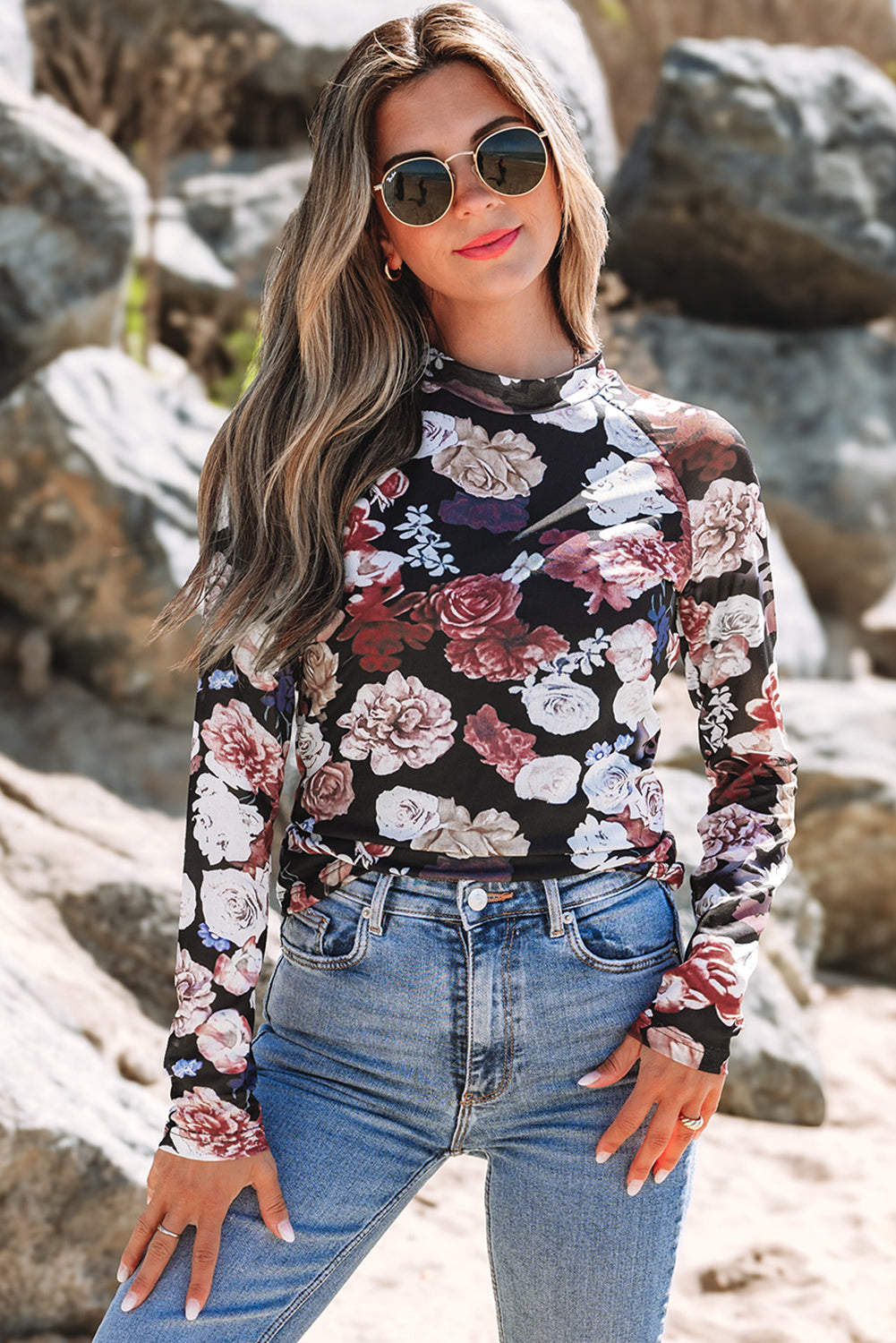 Pink Mesh Floral Print Mock Neck Long Sleeve Slim Top - Premium Tops/Long Sleeve Tops from Ashes 2 Wildflowers Boutique, LLC- Just $26.30! Shop now at Ashes 2 Wildflowers Boutique, LLC