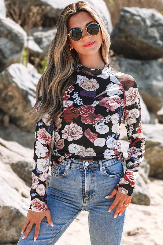 Pink Mesh Floral Print Mock Neck Long Sleeve Slim Top - Premium Tops/Long Sleeve Tops from Ashes 2 Wildflowers Boutique, LLC- Just $26.30! Shop now at Ashes 2 Wildflowers Boutique, LLC
