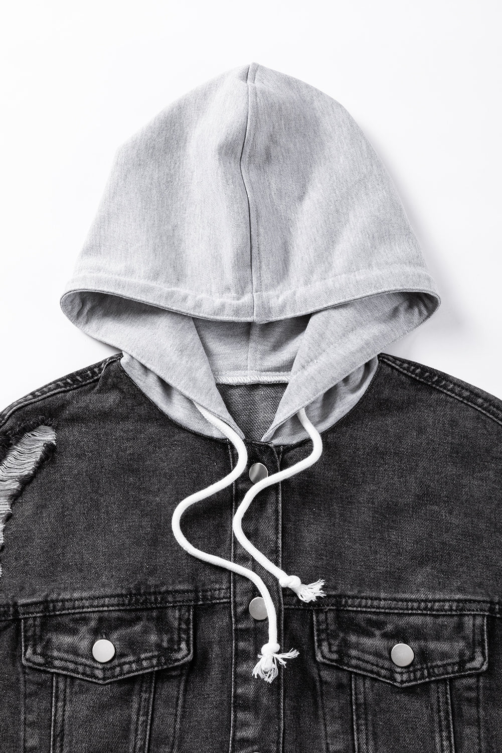 Black Drawstring Hooded Frayed Denim Jacket - Premium Outerwear from Momma Done Gone Crafty- Just $52.23! Shop now at Momma Done Gone Crafty