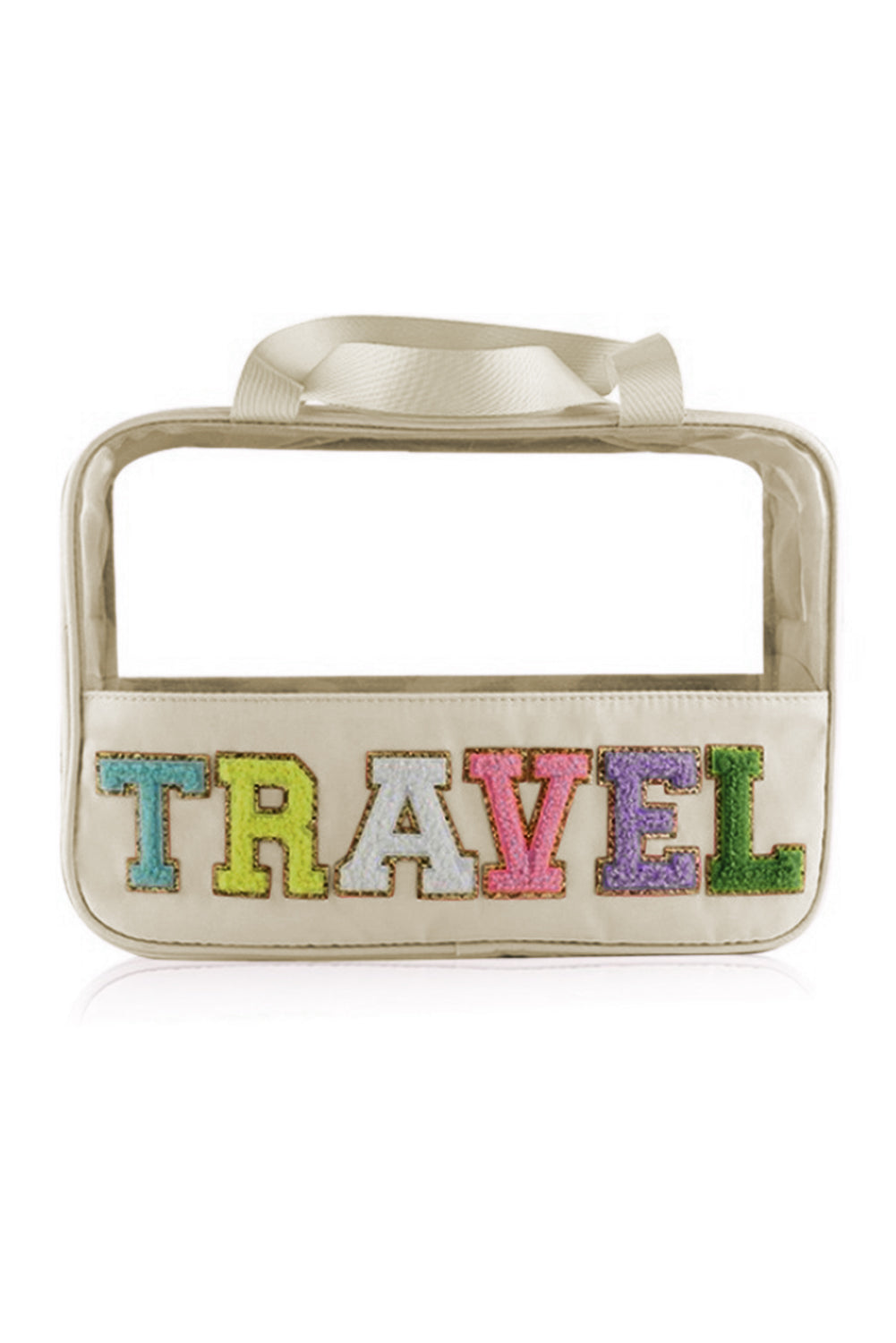 Parchment TRAVEL Chenille Letter Clear PVC Makeup Bag - Premium Shoes & Bags/Makeup Bags from Momma Done Gone Crafty- Just $13.98! Shop now at Momma Done Gone Crafty