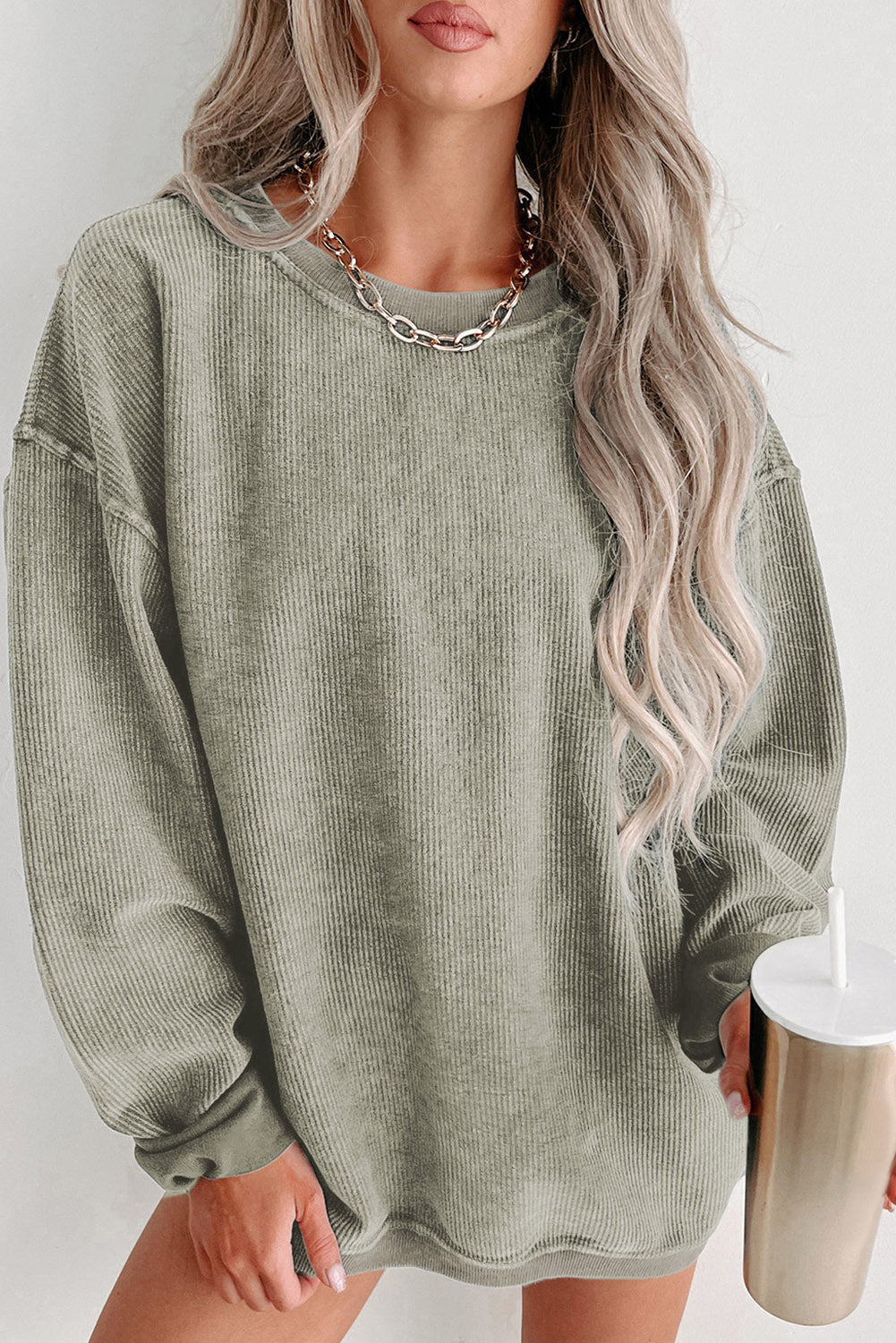 Green Solid Ribbed Knit Round Neck Pullover Sweatshirt - Premium Tops from Momma Done Gone Crafty- Just $44.99! Shop now at Momma Done Gone Crafty