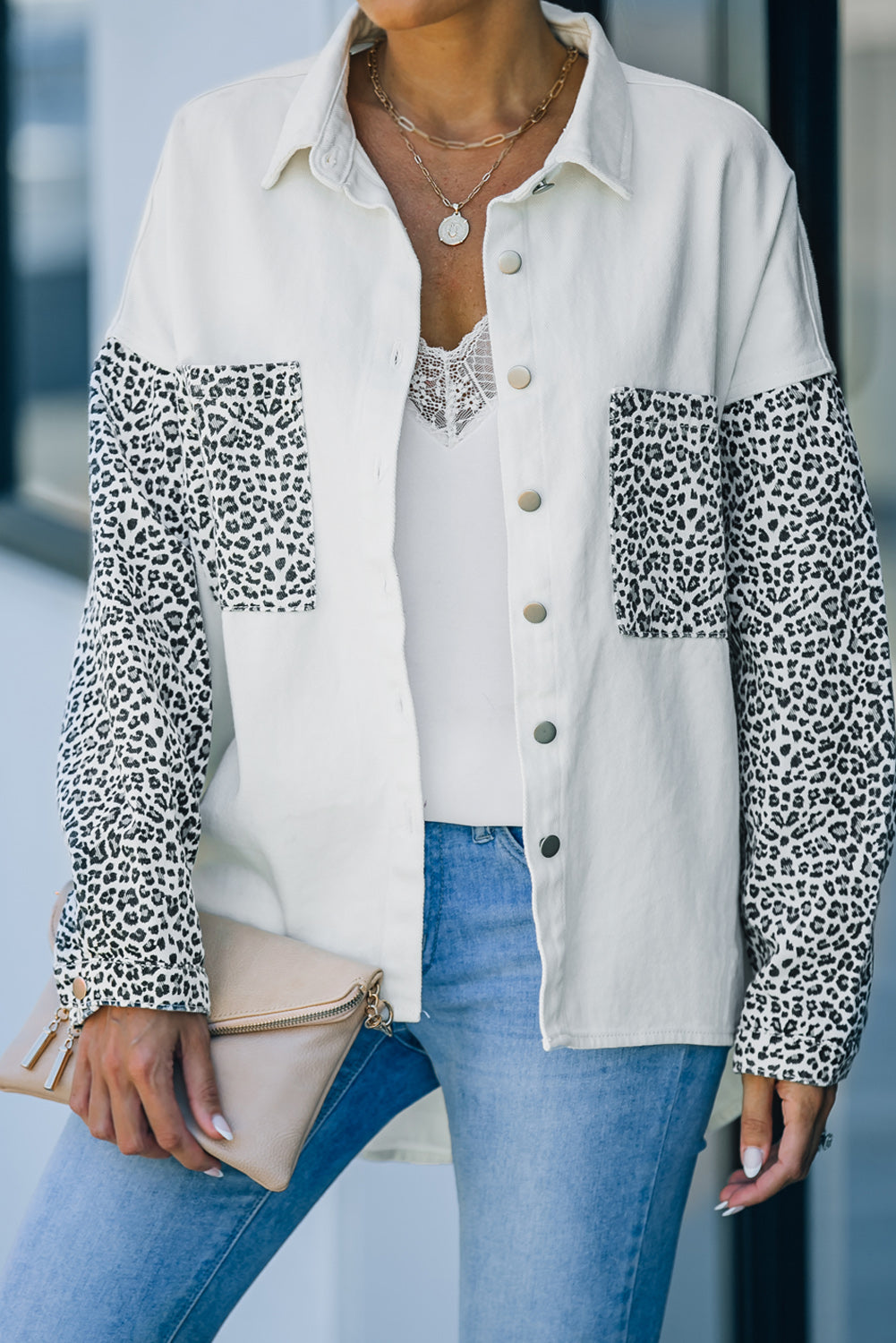 White Contrast Leopard Denim Jacket - Premium Outerwear/Denim jackets from Momma Done Gone Crafty- Just $55! Shop now at Momma Done Gone Crafty
