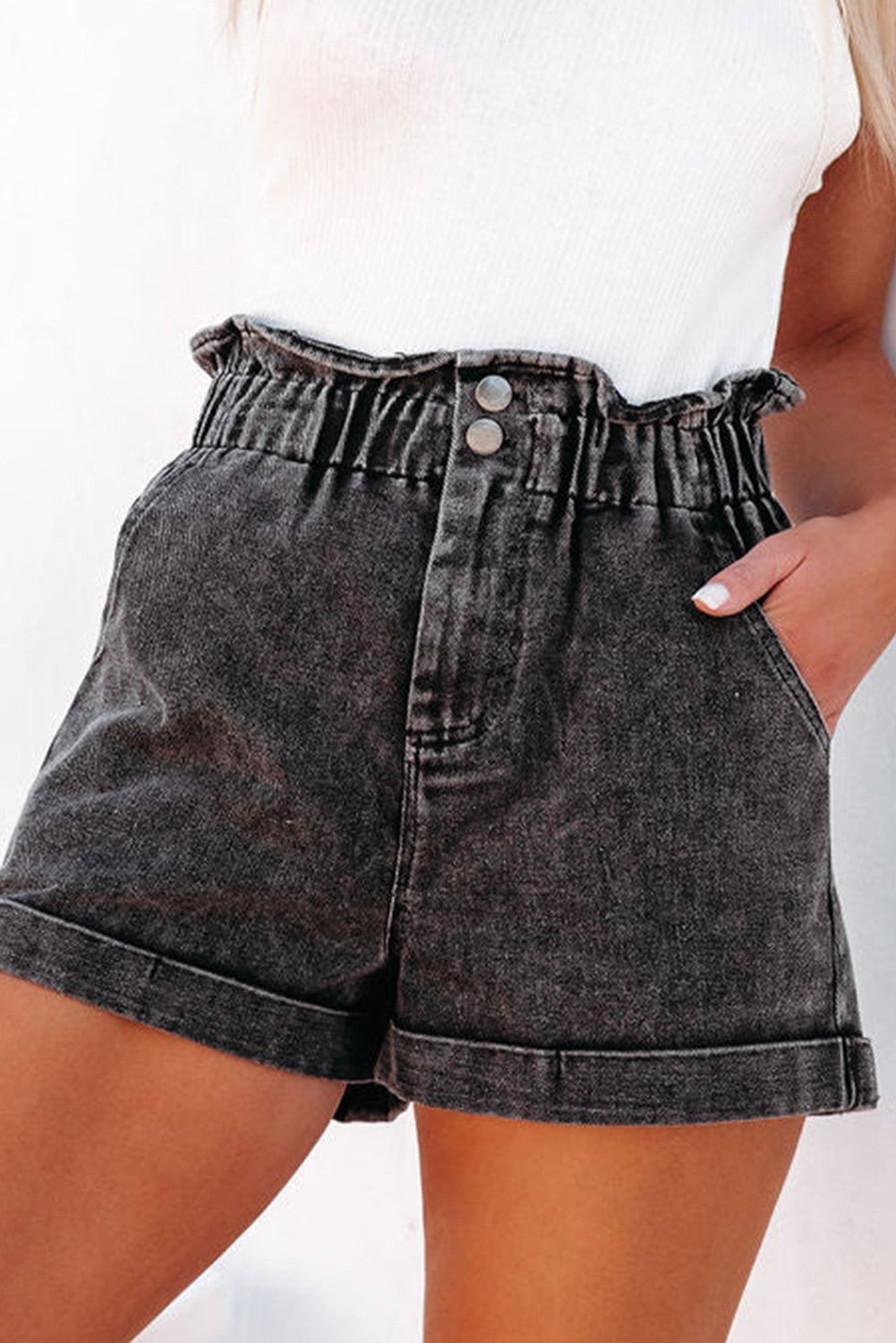 Black Vintage Washed Frilled High Waist Denim Shorts - Premium Bottoms/Denim Shorts from Ashes 2 Wildflowers Boutique, LLC- Just $28.32! Shop now at Ashes 2 Wildflowers Boutique, LLC