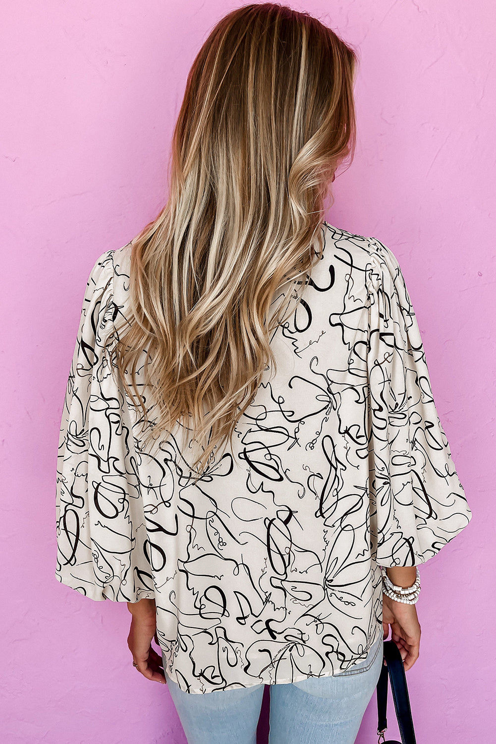 Beige Abstract Print Balloon Sleeve Crew Neck Blouse - Premium Tops/Blouses & Shirts from Ashes 2 Wildflowers Boutique, LLC- Just $27.43! Shop now at Ashes 2 Wildflowers Boutique, LLC