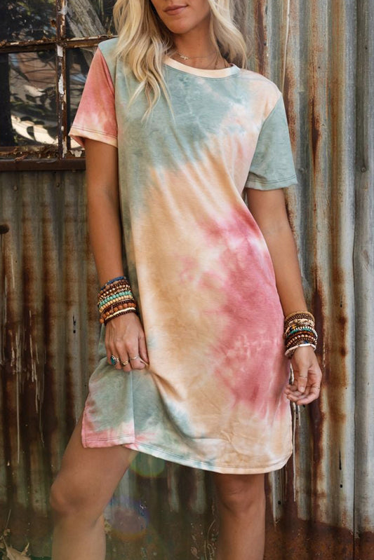 Multicolor Tie Dye Oversized Slit Tee Dress - Premium Dresses from Momma Done Gone Crafty- Just $47.10! Shop now at Momma Done Gone Crafty
