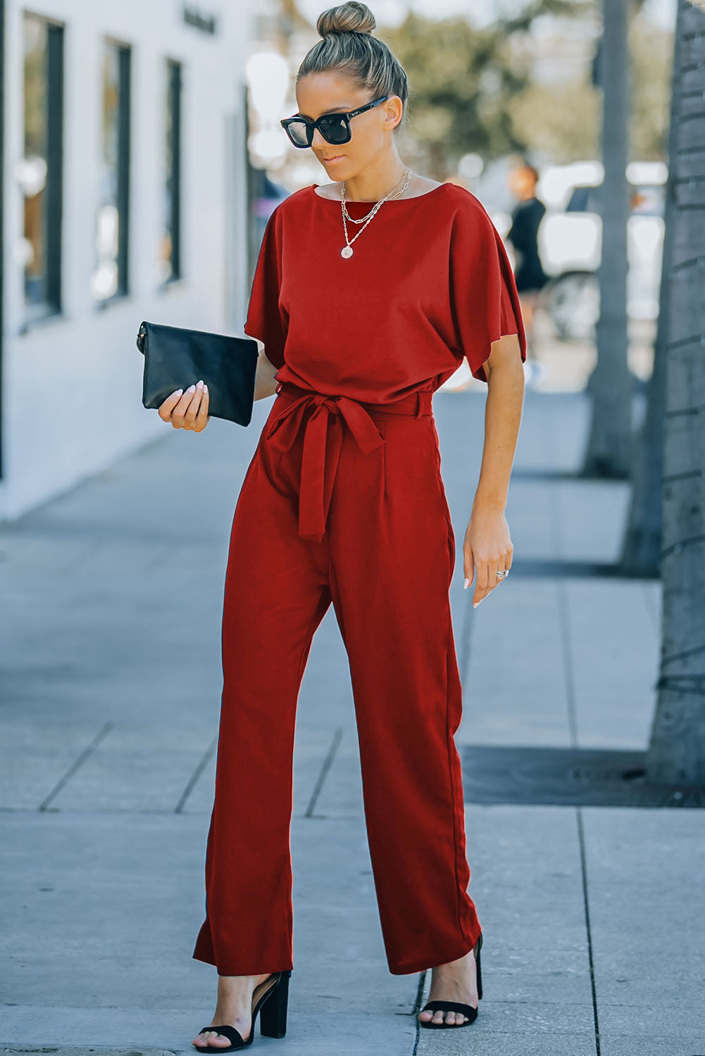 Red Belted Wide Leg Jumpsuit - Premium Bottoms from Momma Done Gone Crafty- Just $40.20! Shop now at Momma Done Gone Crafty
