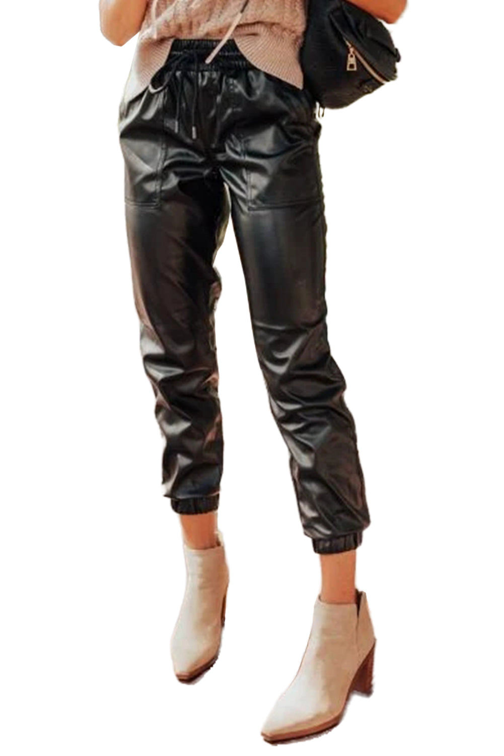 Black Faux Leather Ankle Smocked Waist Drawstring Joggers - Premium Bottoms/Pants & Culotte from Momma Done Gone Crafty- Just $25.65! Shop now at Momma Done Gone Crafty