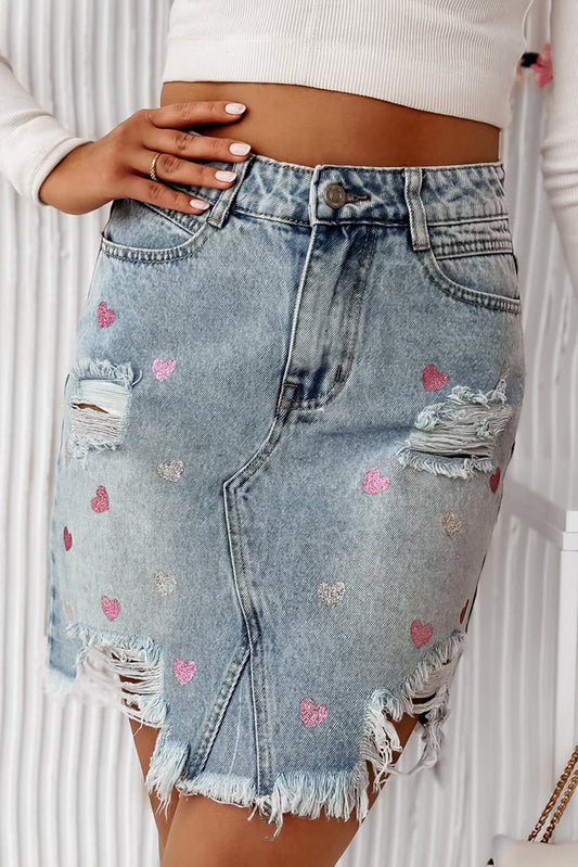 Beau Blue Shimmer Heart Pattern Distressed Denim Mini Skirt - Premium Bottoms/Skirts & Petticoat from Ashes 2 Wildflowers Boutique, LLC- Just $36.90! Shop now at Ashes 2 Wildflowers Boutique, LLC