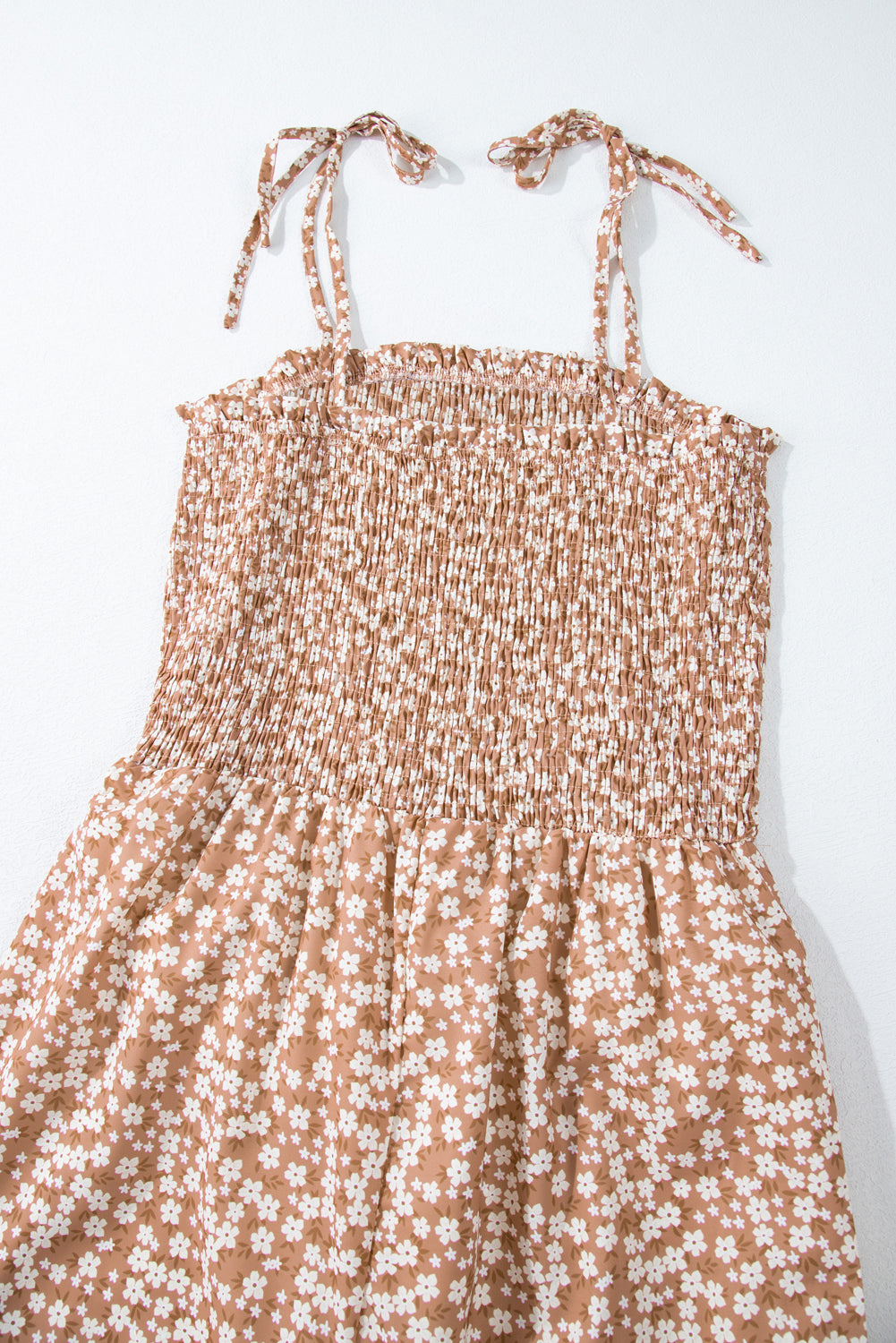 Khaki Thin Straps Smocked Bodice Wide Leg Floral Jumpsuit - Premium Bottoms from Momma Done Gone Crafty- Just $48! Shop now at Momma Done Gone Crafty