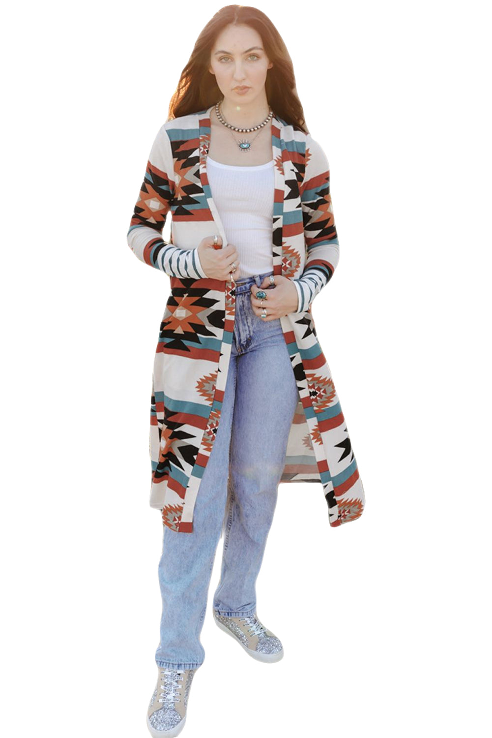 Multicolor Geometric Color Block Open Front Long Cardigan - Premium Tops from Momma Done Gone Crafty- Just $32.94! Shop now at Momma Done Gone Crafty