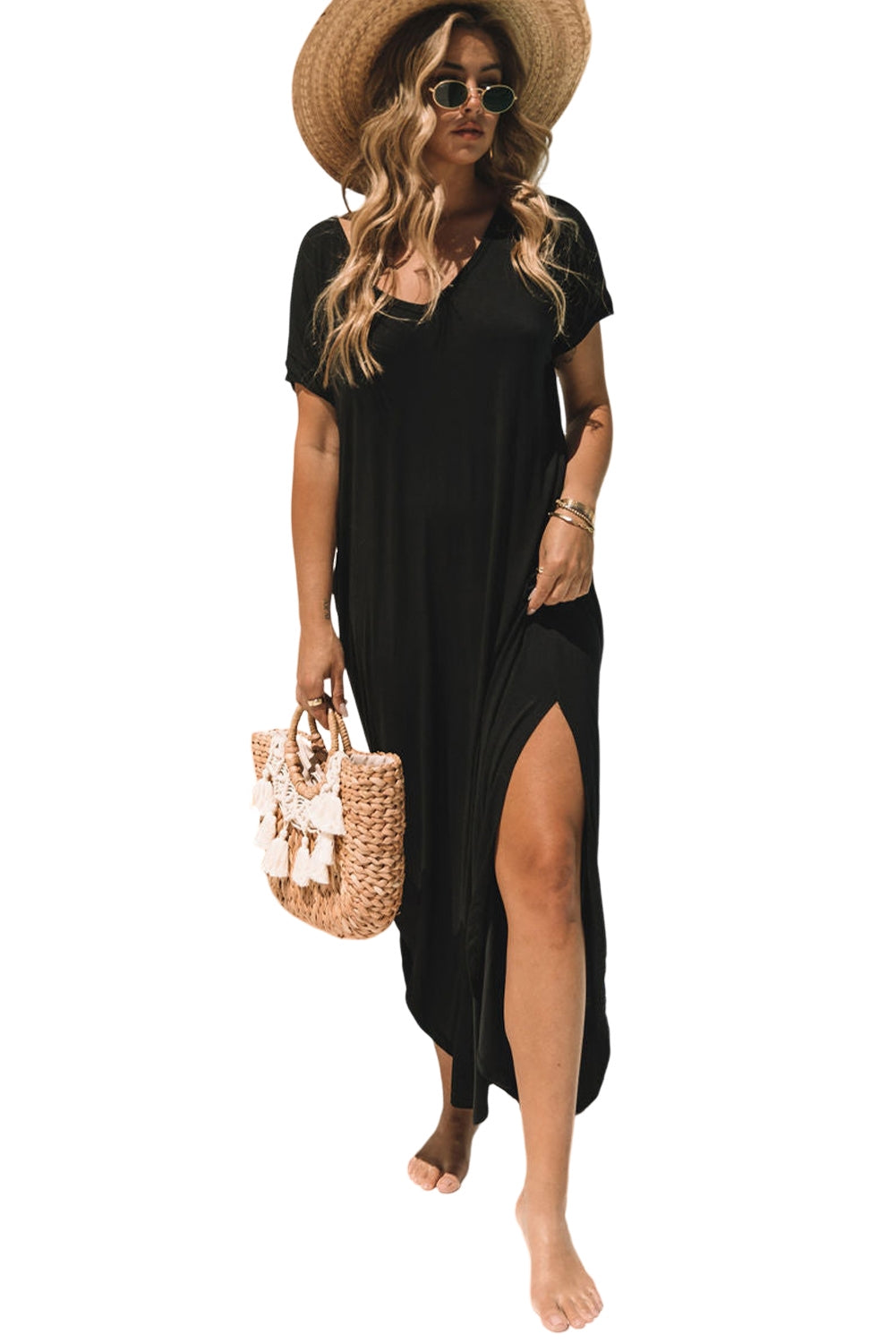 Black V Neck Hidden Pocket Splits Maxi T-shirt Dress - Premium Dresses/T Shirt Dresses from Ashes 2 Wildflowers Boutique, LLC- Just $21! Shop now at Ashes 2 Wildflowers Boutique, LLC