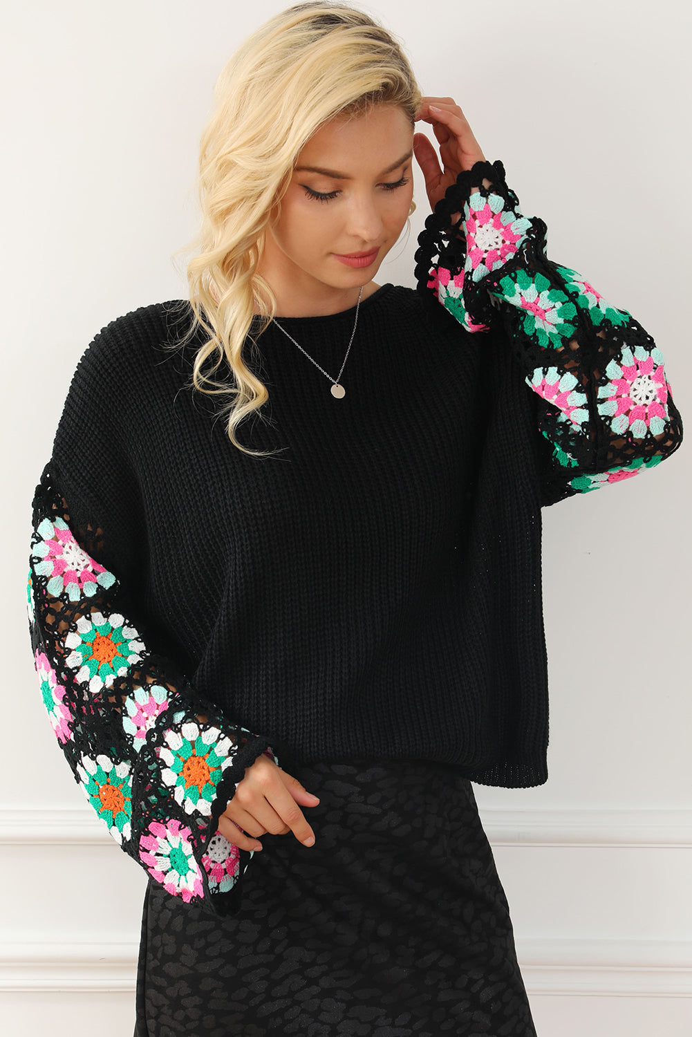 Black Floral Crochet Bell Sleeve Loose Sweater - Premium Tops from Momma Done Gone Crafty- Just $52.99! Shop now at Momma Done Gone Crafty