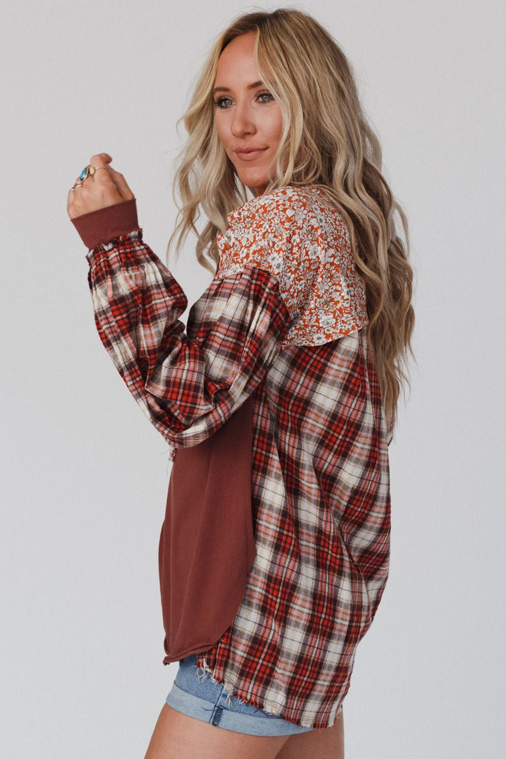 Red Floral Plaid Mixed Print Bishop Sleeve Patchwork Top - Premium Tops from Momma Done Gone Crafty- Just $61.11! Shop now at Momma Done Gone Crafty