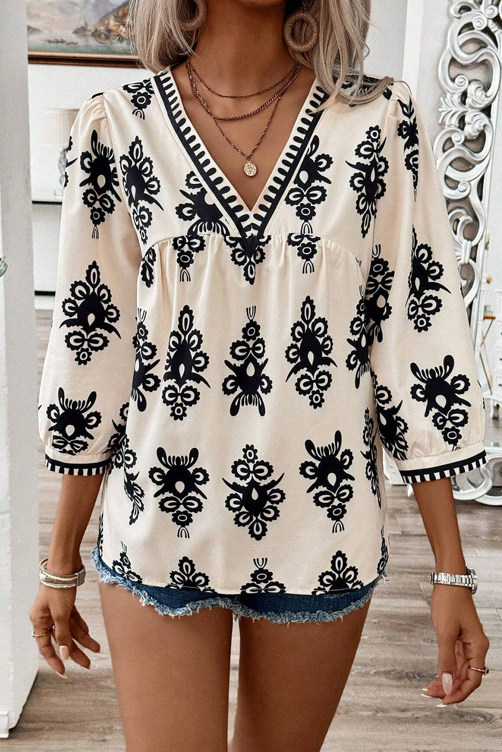 Beige Vintage Geometric Printed 3/4 Sleeve V Neck Blouse - Premium Tops/Blouses & Shirts from Ashes 2 Wildflowers Boutique, LLC- Just $28.93! Shop now at Ashes 2 Wildflowers Boutique, LLC