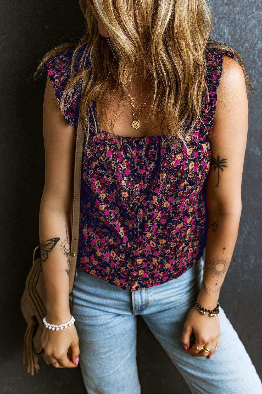 Rose Boho Frilled Straps Floral Tank Top - Premium Tops/Tank Tops from Momma Done Gone Crafty- Just $34.99! Shop now at Momma Done Gone Crafty