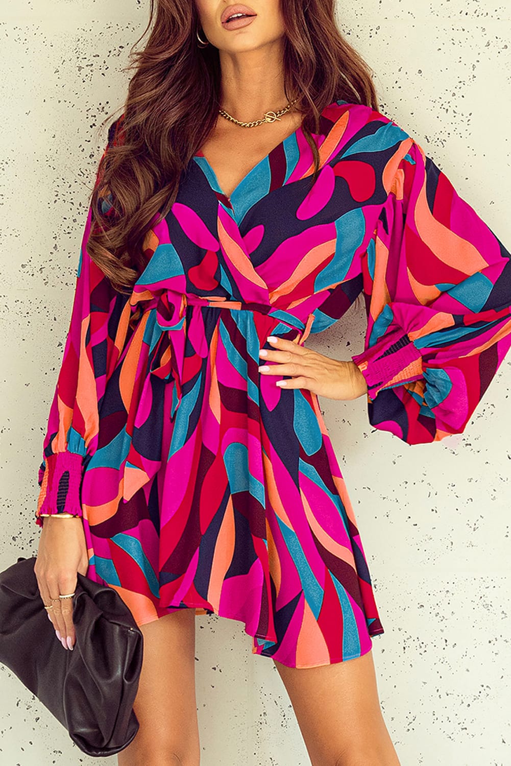 Red Abstract Printed Belted Puff Sleeve Mini Dress - Premium Dresses from Momma Done Gone Crafty- Just $49.94! Shop now at Momma Done Gone Crafty