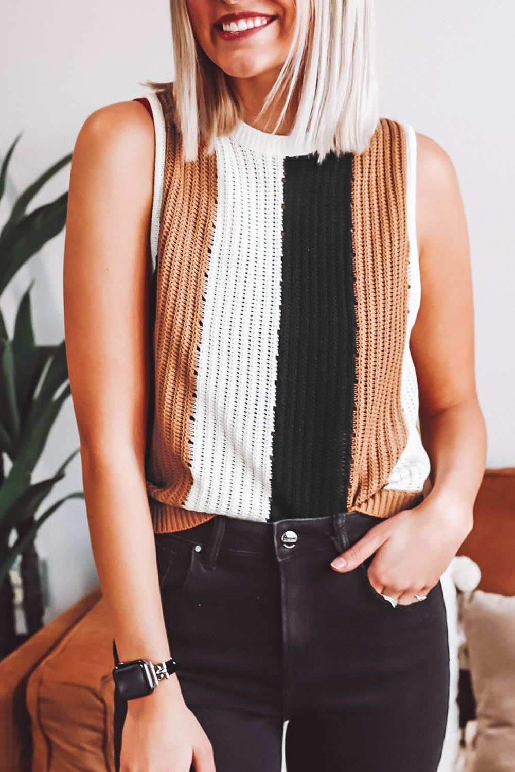 Khaki Stripe Color Block Sleeveless Knitted Sweater Vest - Premium Sweaters & Cardigans/Sweater Vests from Ashes 2 Wildflowers Boutique, LLC- Just $30.50! Shop now at Ashes 2 Wildflowers Boutique, LLC