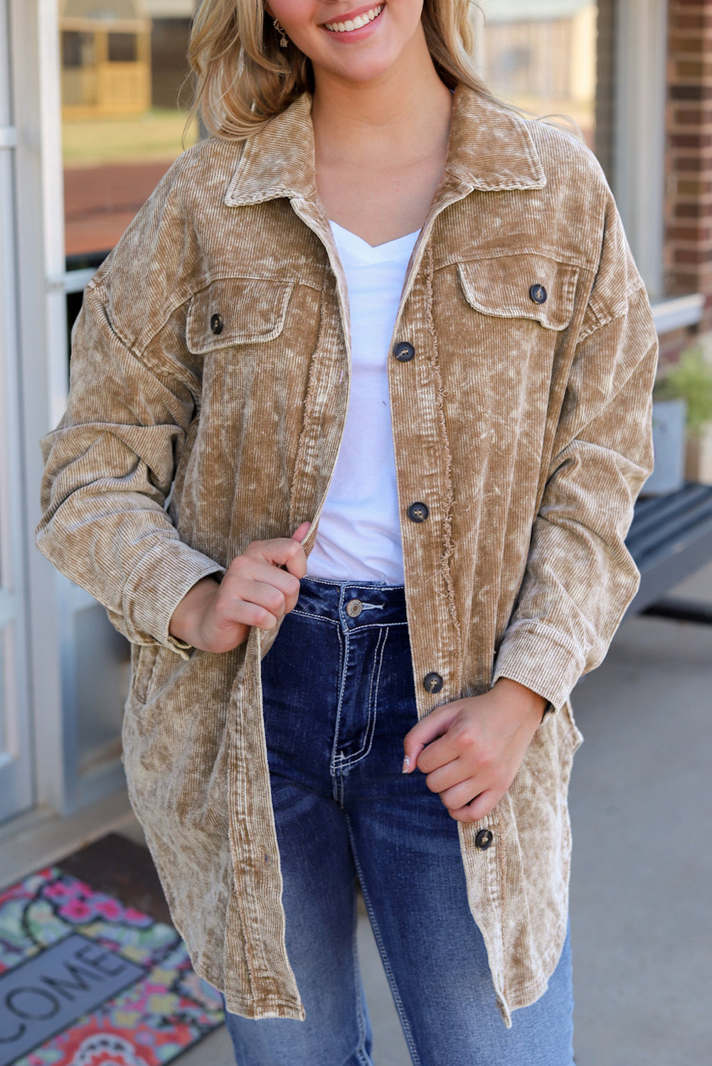 Khaki Vintage Distressed Mineral Wash Oversized Shacket - Premium Outerwear from Momma Done Gone Crafty- Just $61.50! Shop now at Momma Done Gone Crafty