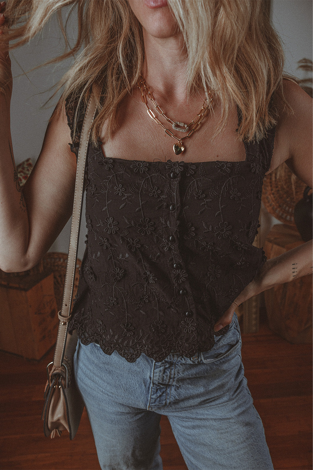 Black Floral Embroidered Buttoned Square Neck Tank Top - Premium Tops/Tank Tops from Ashes 2 Wildflowers Boutique, LLC- Just $21.93! Shop now at Ashes 2 Wildflowers Boutique, LLC