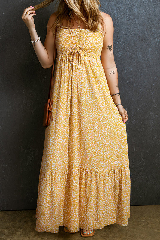 Yellow Frilly Smocked High Waist Floral Maxi Dress - Premium Dresses/Maxi Dresses from Ashes 2 Wildflowers Boutique, LLC- Just $36.54! Shop now at Ashes 2 Wildflowers Boutique, LLC